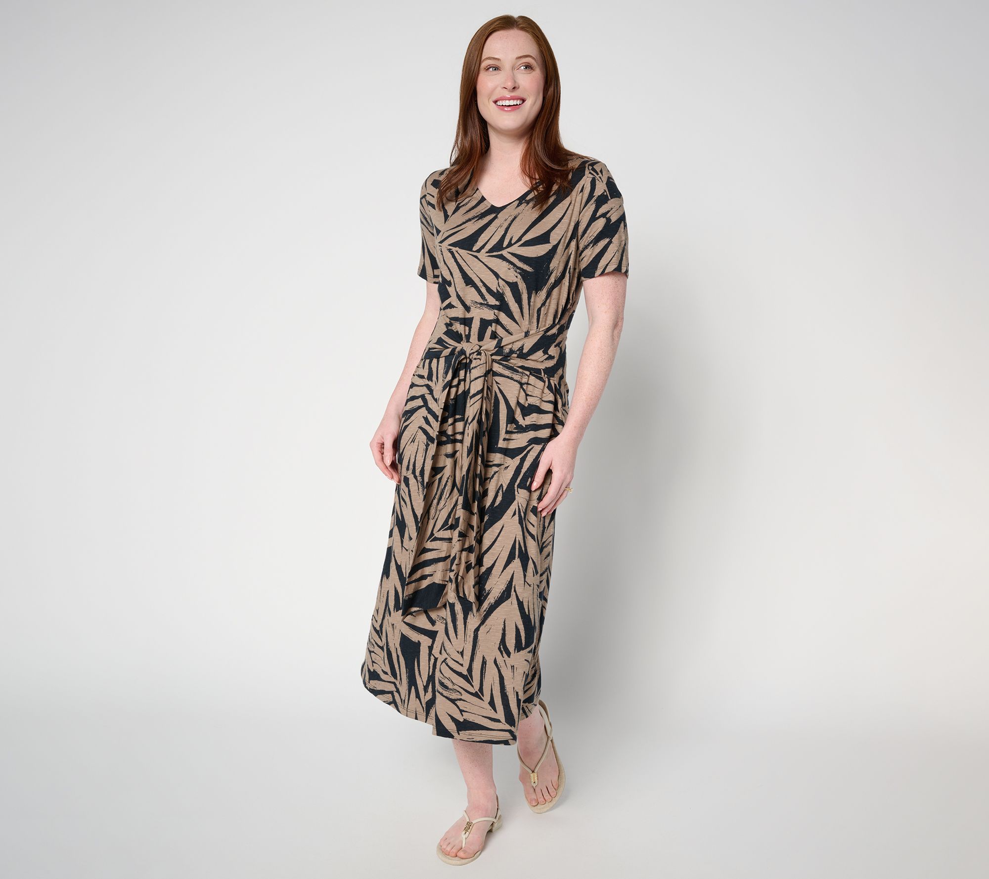 Denim & Co. Petite Tie Waist Midi Dress with Pockets