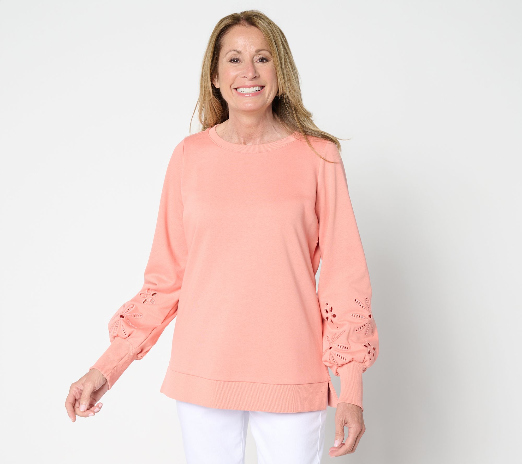 Belle by Kim Gravel Floral Eyelet Sleeve Sweatshirt