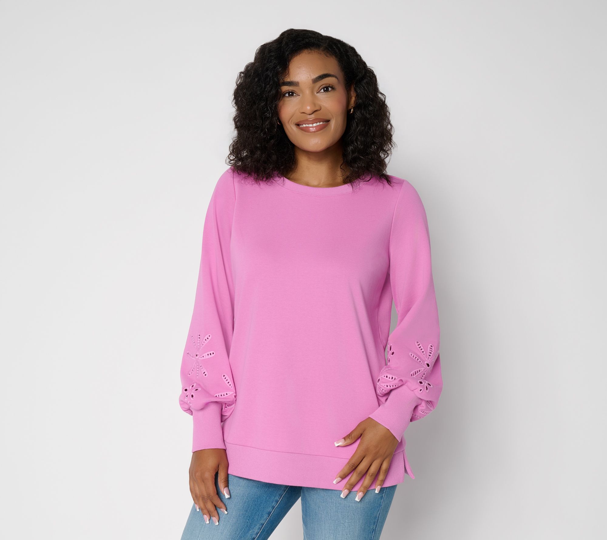 Belle by Kim Gravel Floral Eyelet Sleeve Sweatshirt