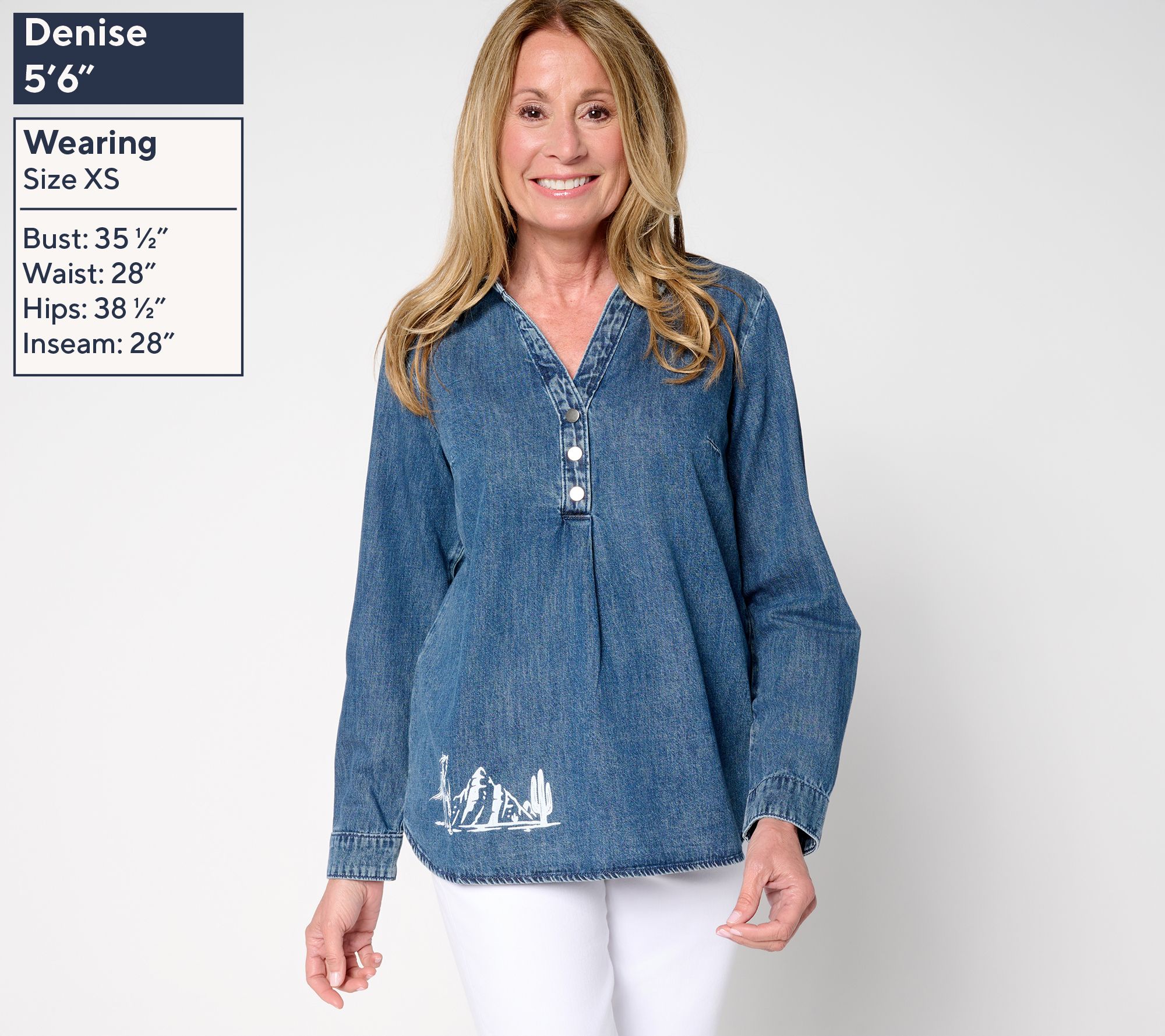 Denim & Co. Canyon Retreat 100% Cotton Placed Print Denim Shirt