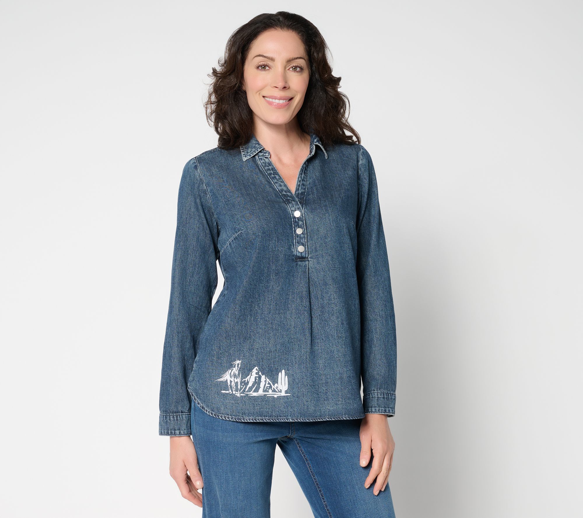 Denim & Co. Canyon Retreat 100% Cotton Placed Print Denim Shirt