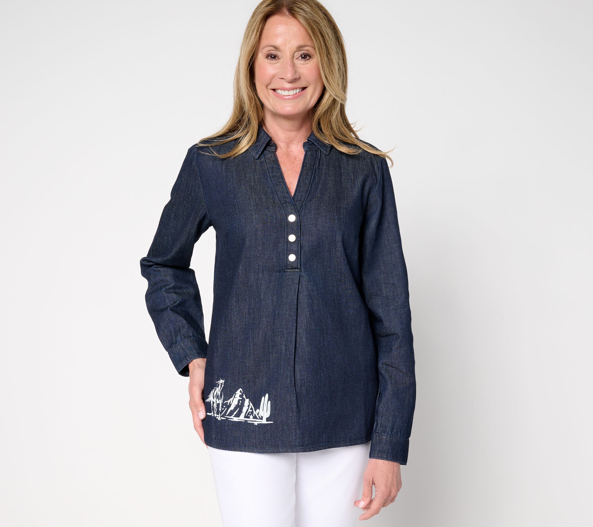 Denim & Co. Canyon Retreat 100% Cotton Placed Print Denim Shirt