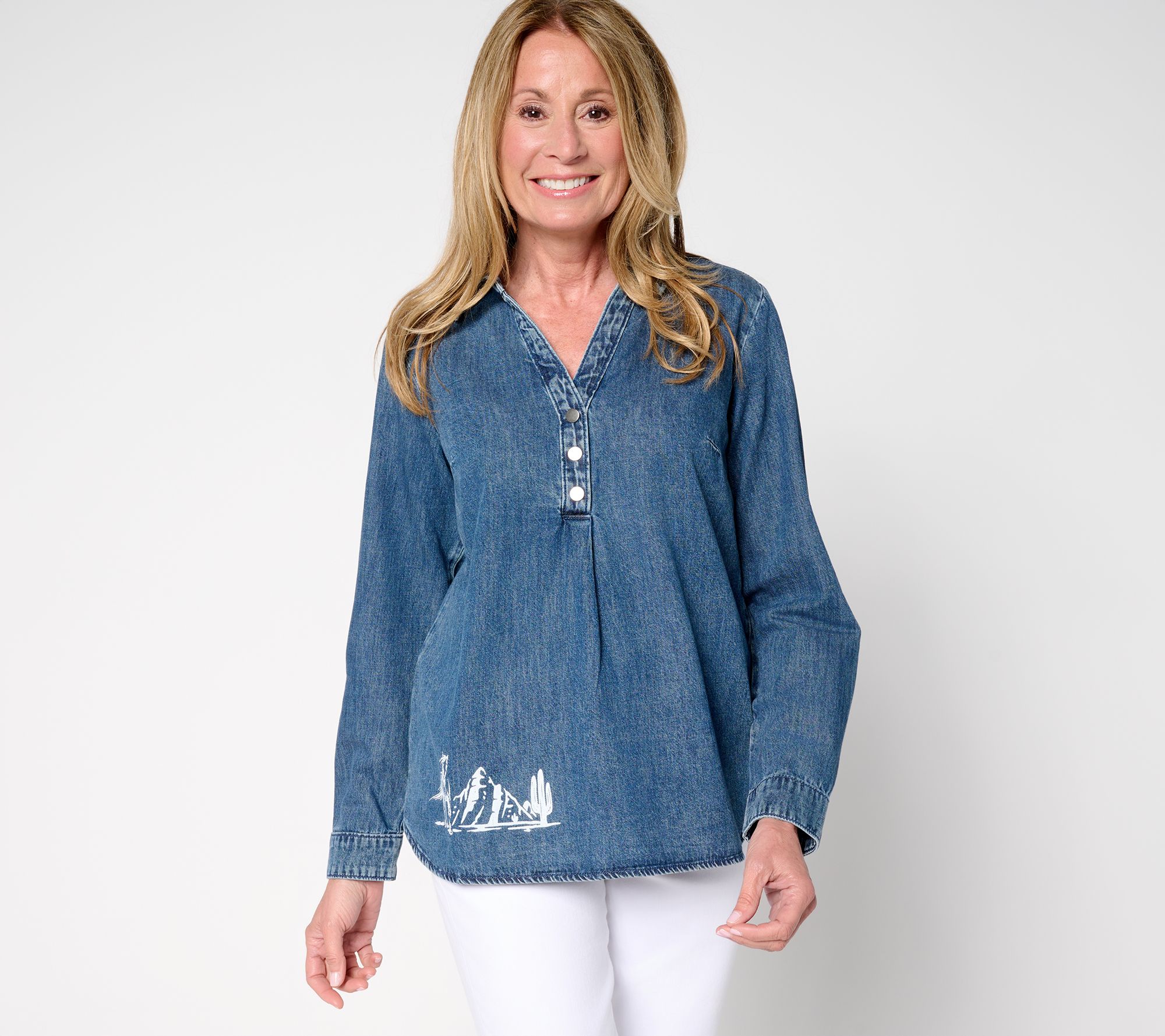 Denim & Co. Canyon Retreat 100% Cotton Placed Print Denim Shirt