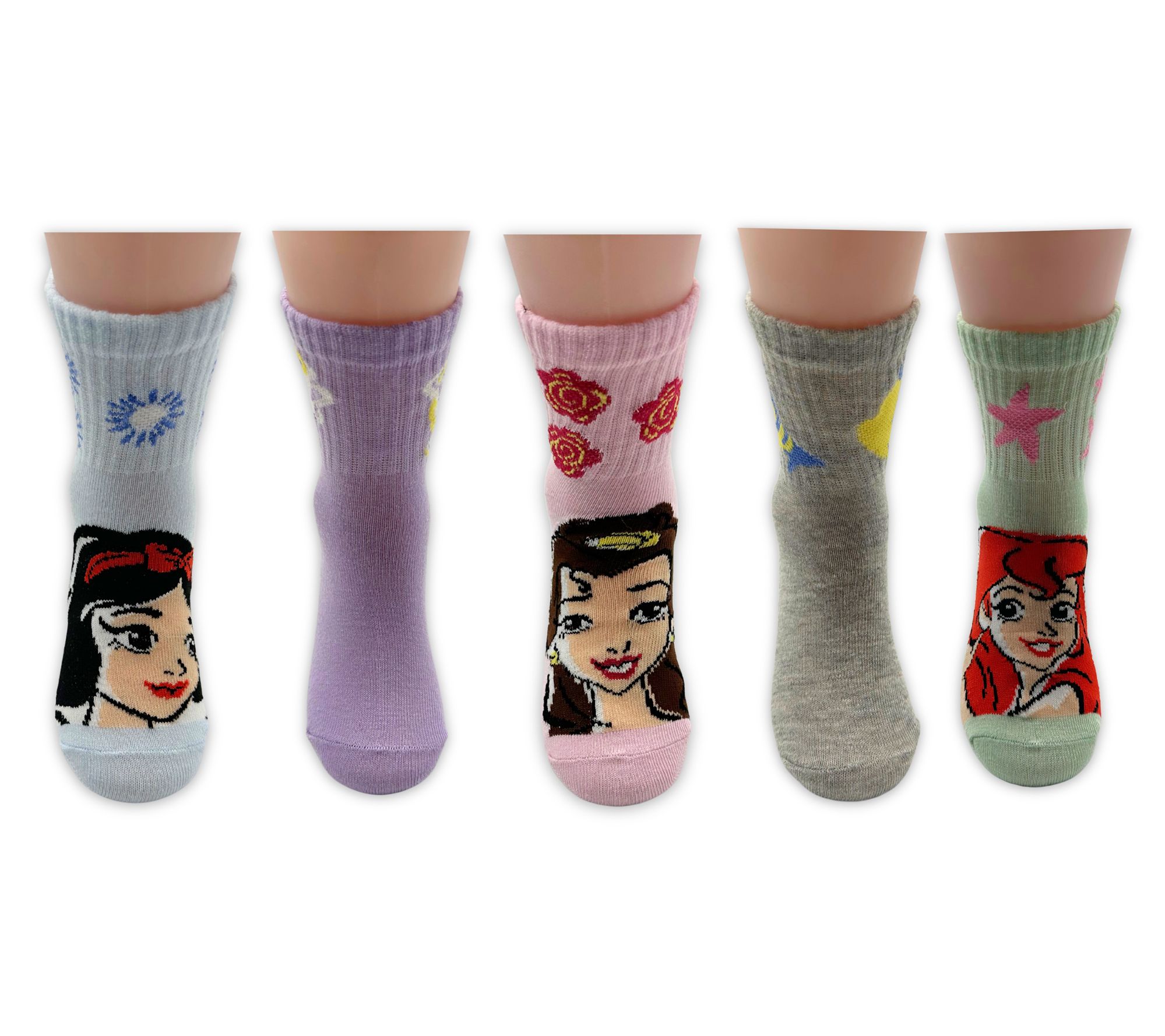 Disney Girls' Set of 5 Princess Mid-Crew RibbedSock Set
