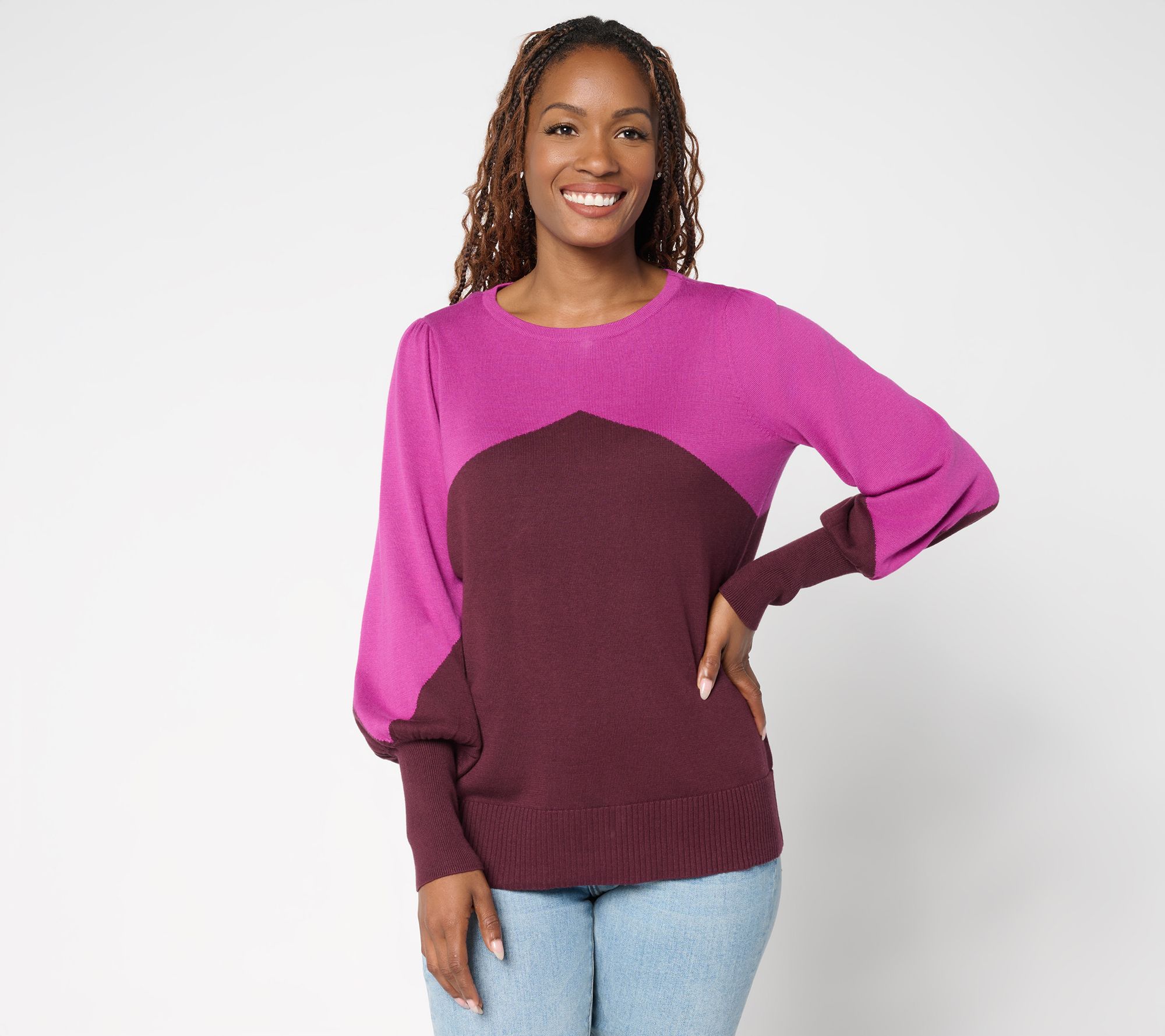 Belle by Kim Gravel Diagonal Color Block Blouson Sweater