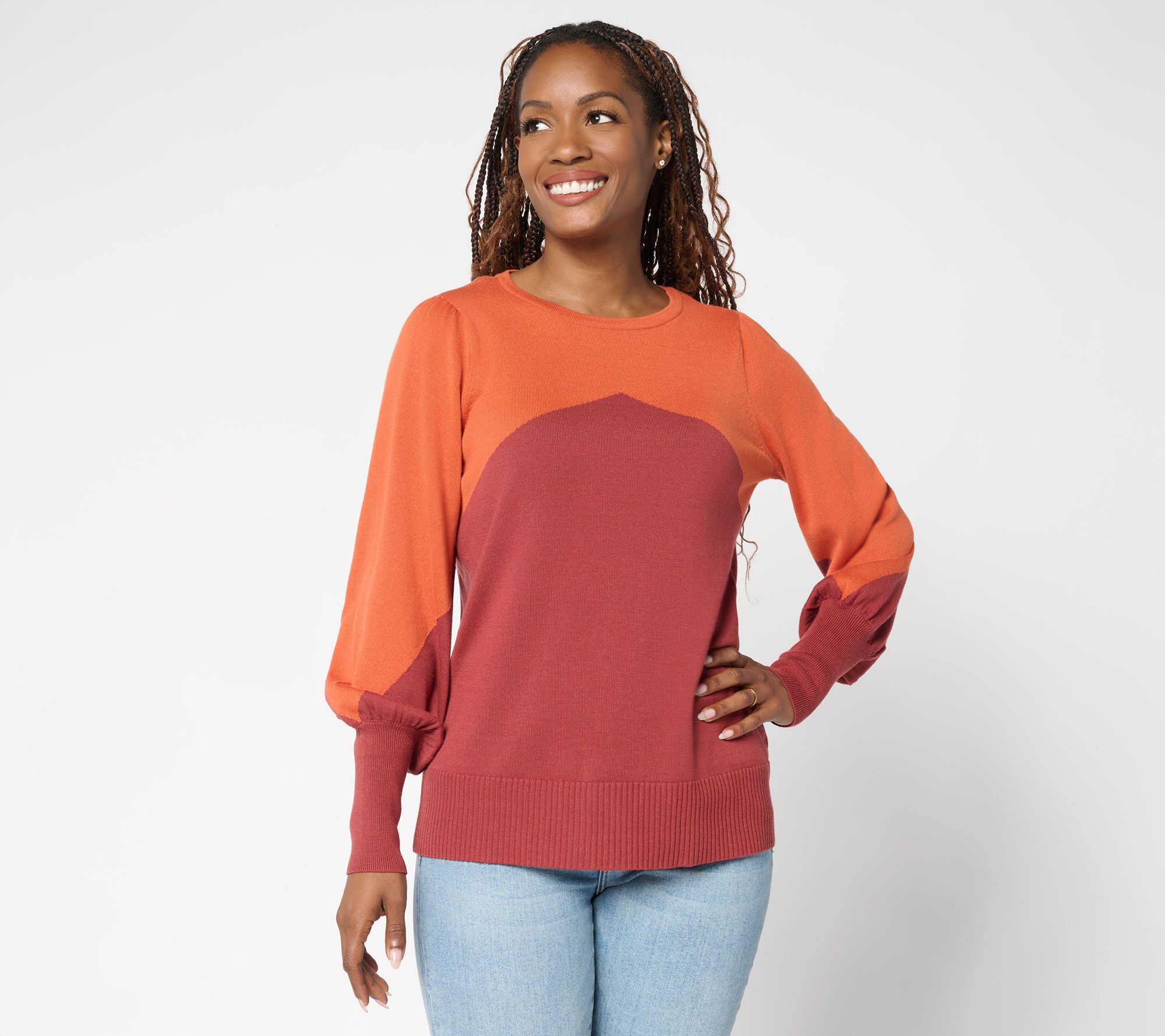 Belle by Kim Gravel Diagonal Color Block Blouson Sweater