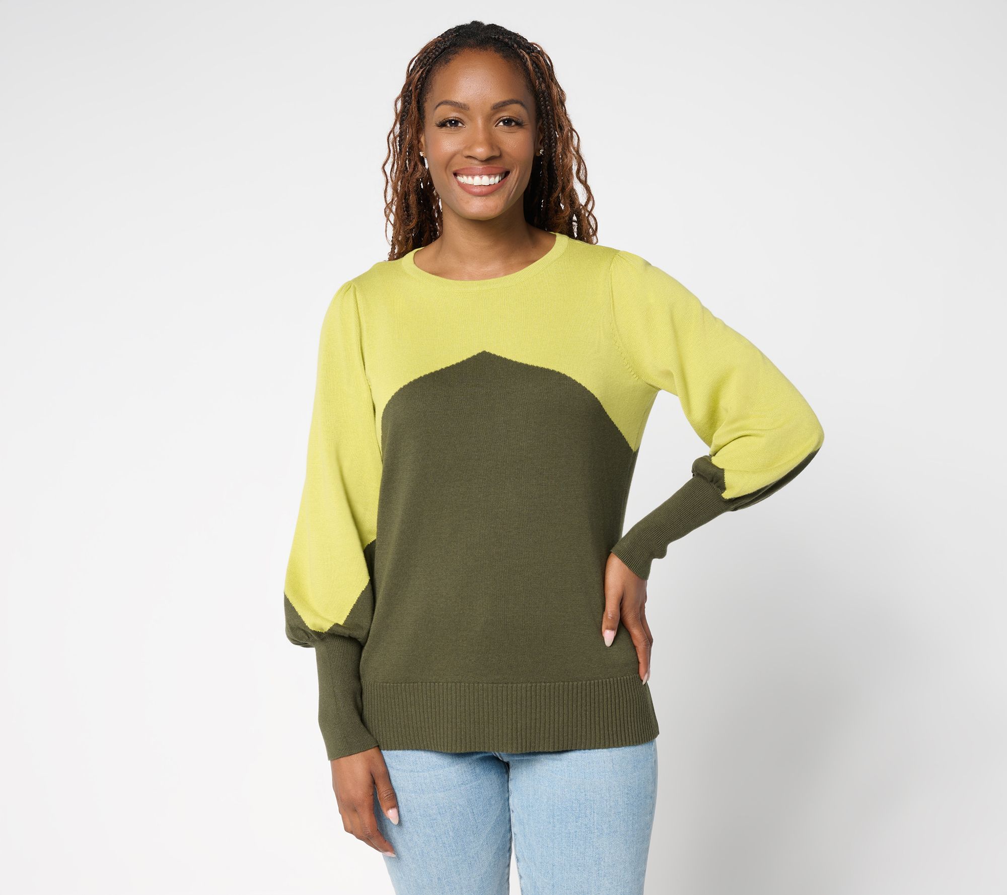 Belle by Kim Gravel Diagonal Color Block Blouson Sweater
