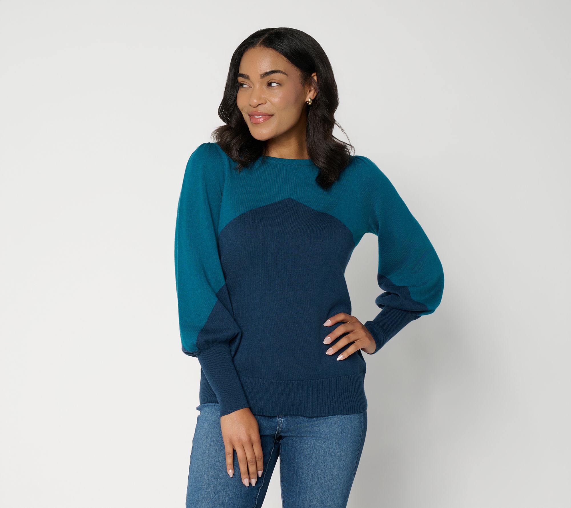 Belle by Kim Gravel Diagonal Color Block Blouson Sweater