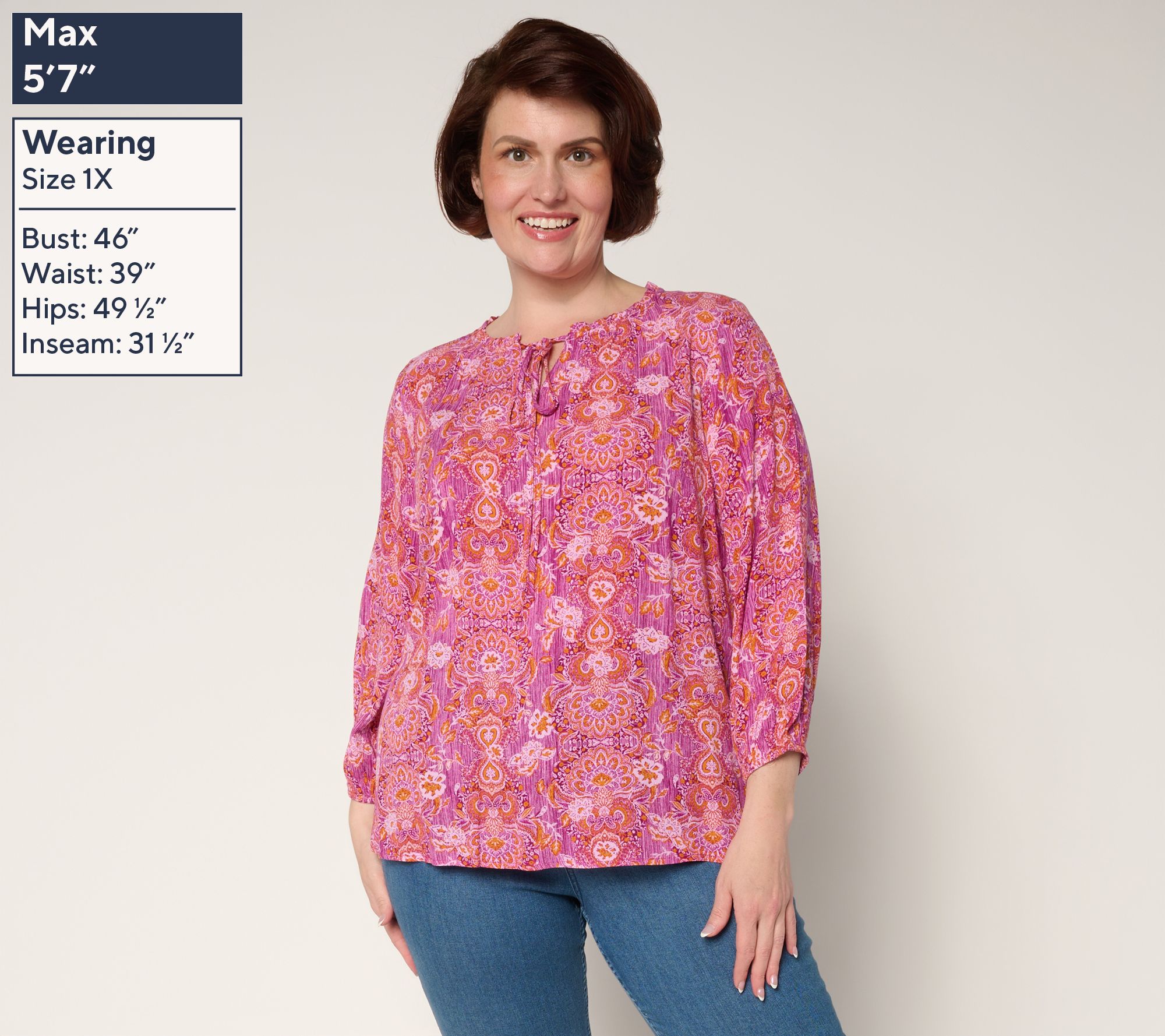トップス chi Denim & Co. Printed Bracelet Sleeve Popover Top - QVC.com
