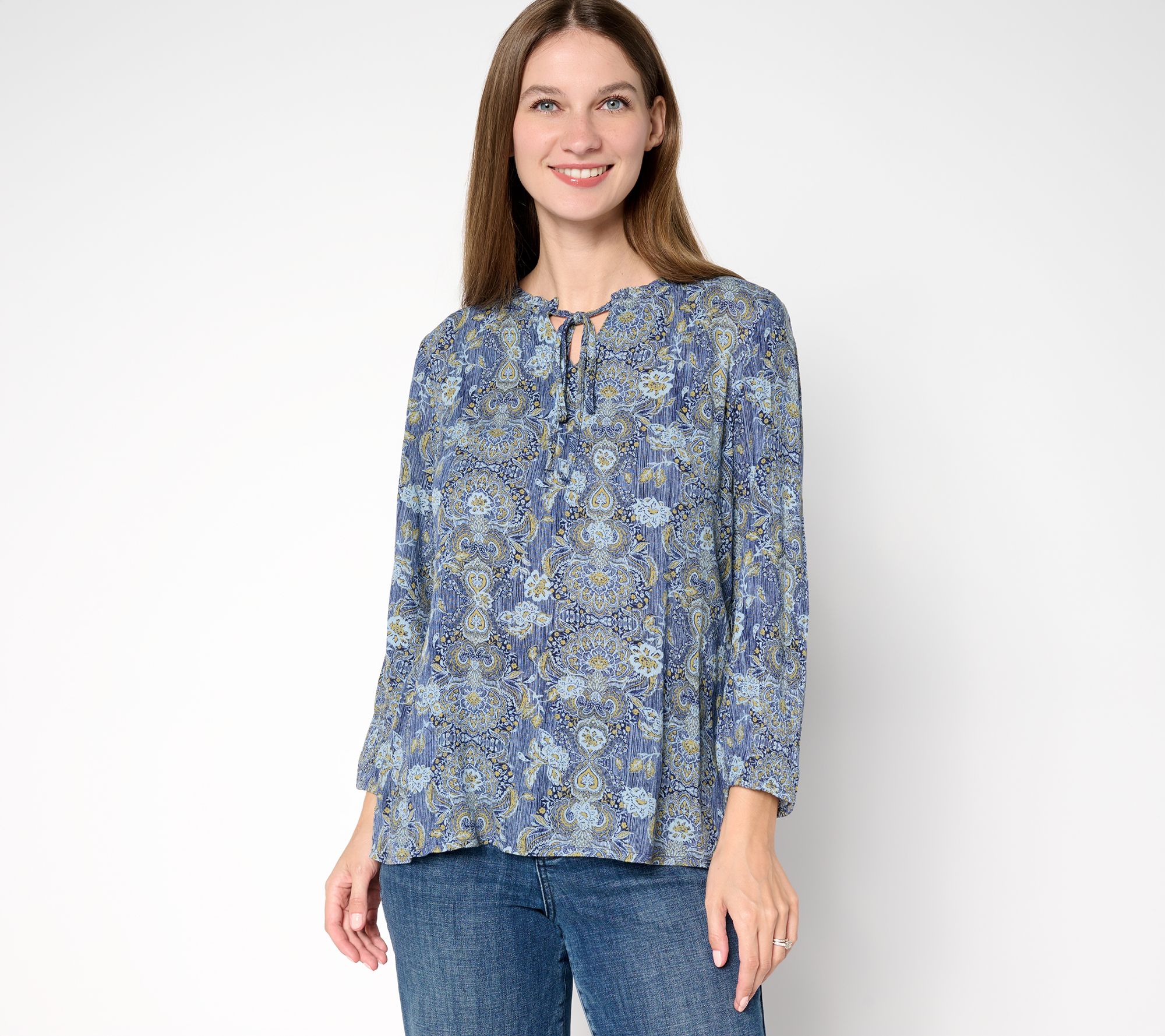 Denim & Co. Printed Bracelet Sleeve Popover Top