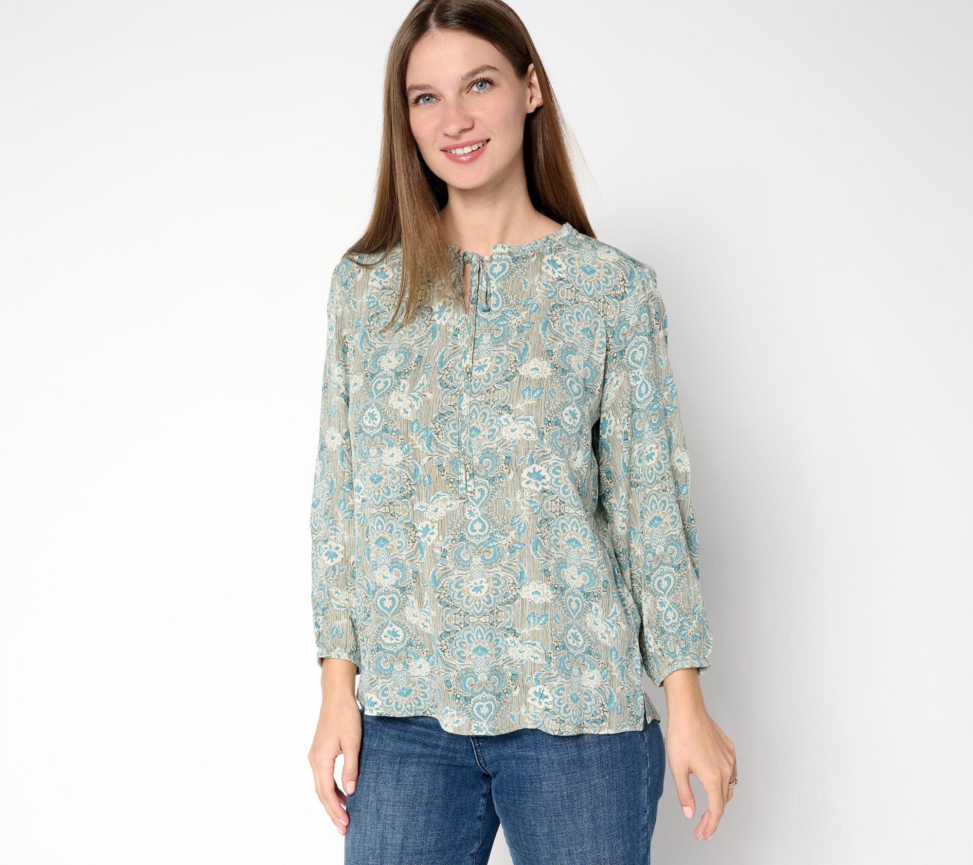 Denim & Co. Printed Bracelet Sleeve Popover Top