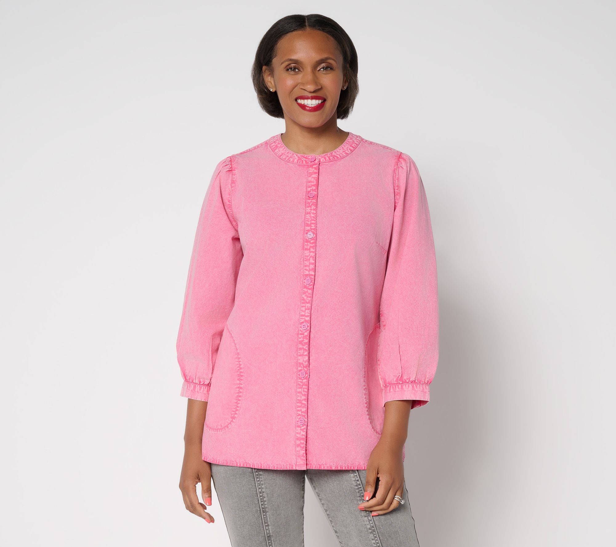  LOGO by Lori Goldstein Button Front 100% Cotton Washed Shirt