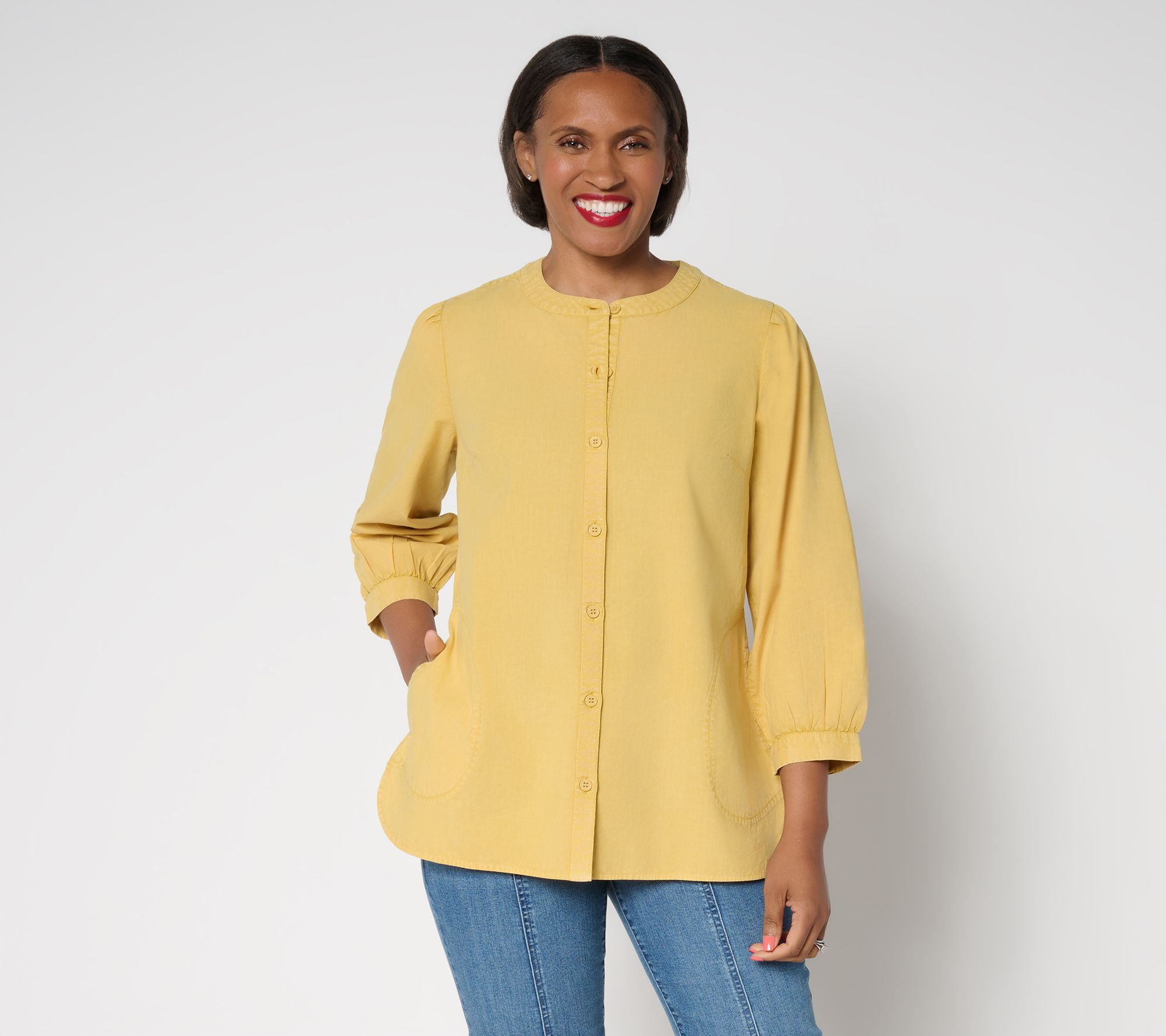LOGO by Lori Goldstein Button Front 100% Cotton Washed Shirt