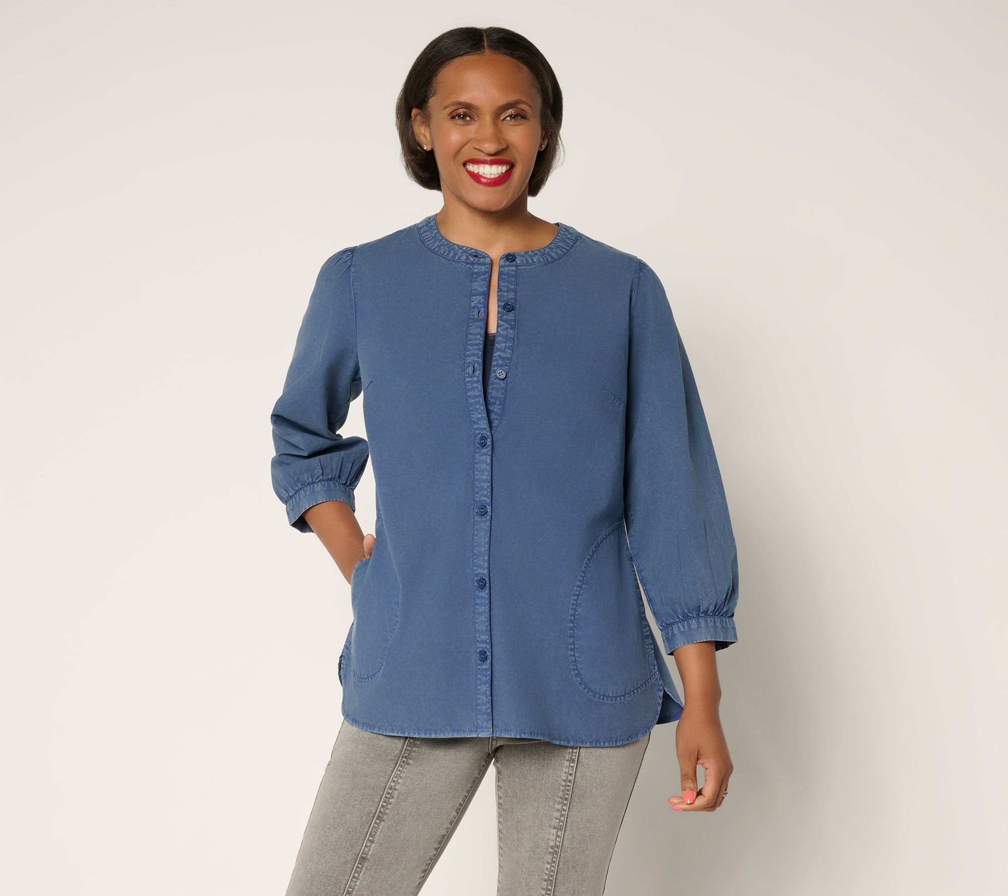 LOGO by Lori Goldstein Button Front 100% Cotton Washed Shirt