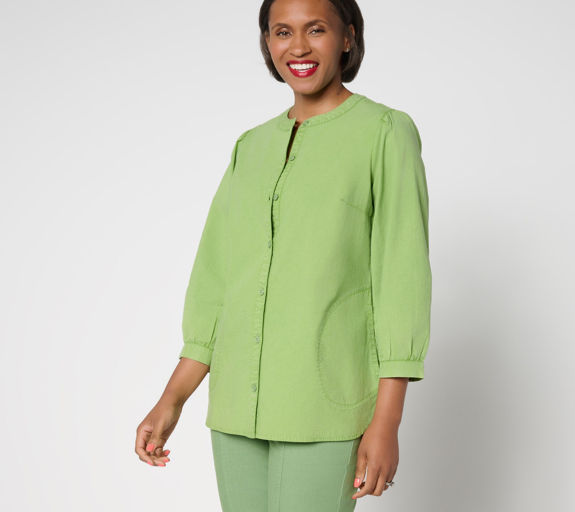 LOGO by Lori Goldstein Button Front 100% Cotton Washed Shirt