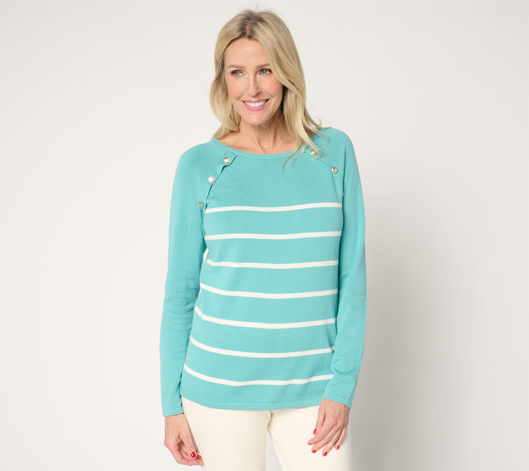 "As Is" Belle by Kim Gravel Seaside Stripe Button Trim Sweater