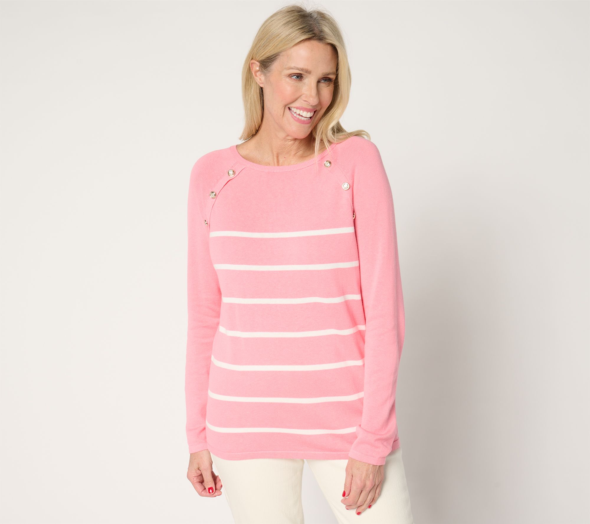 "As Is" Belle by Kim Gravel Seaside Stripe Button Trim Sweater