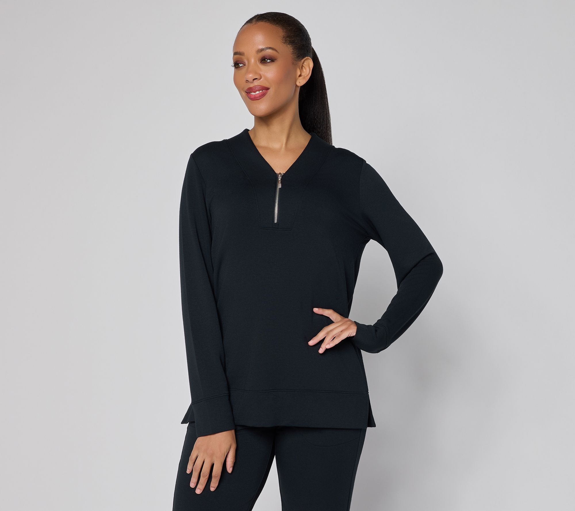 Denim & Co. Active Fleece-Back Knit V-Neck Top