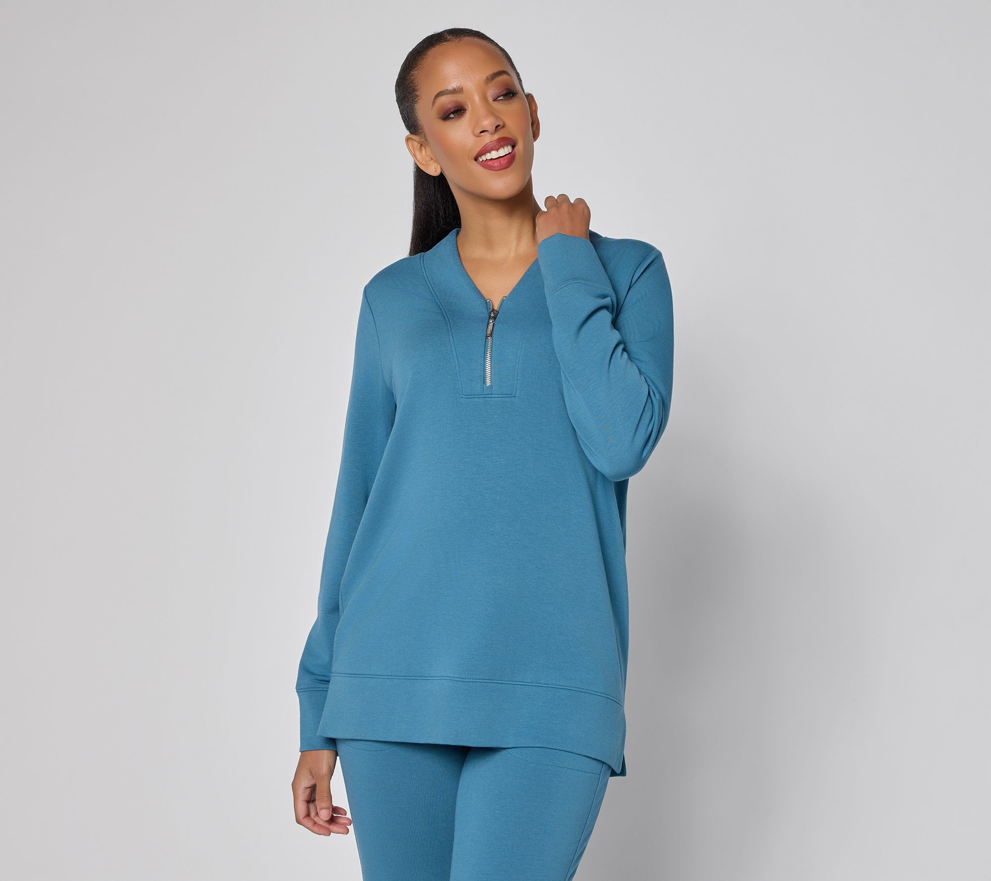 Denim & Co. Active Fleece-Back Knit V-Neck Top