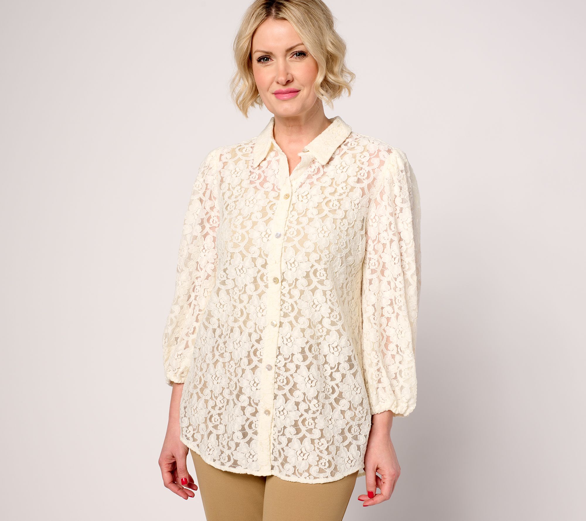 "As Is" Dennis Basso Petite Lace Button Front Tunic