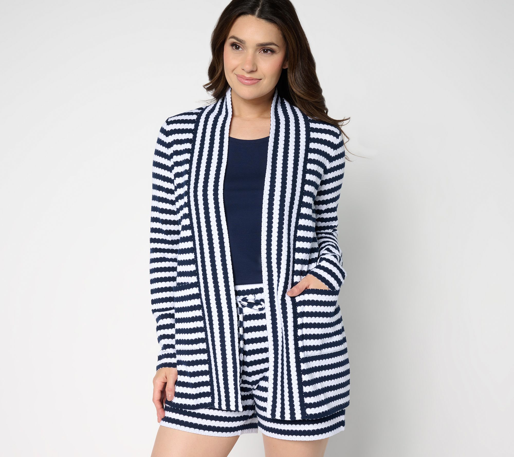 "As Is" Belle by Kim Gravel Nautical Knit Striped Open Front Cardigan