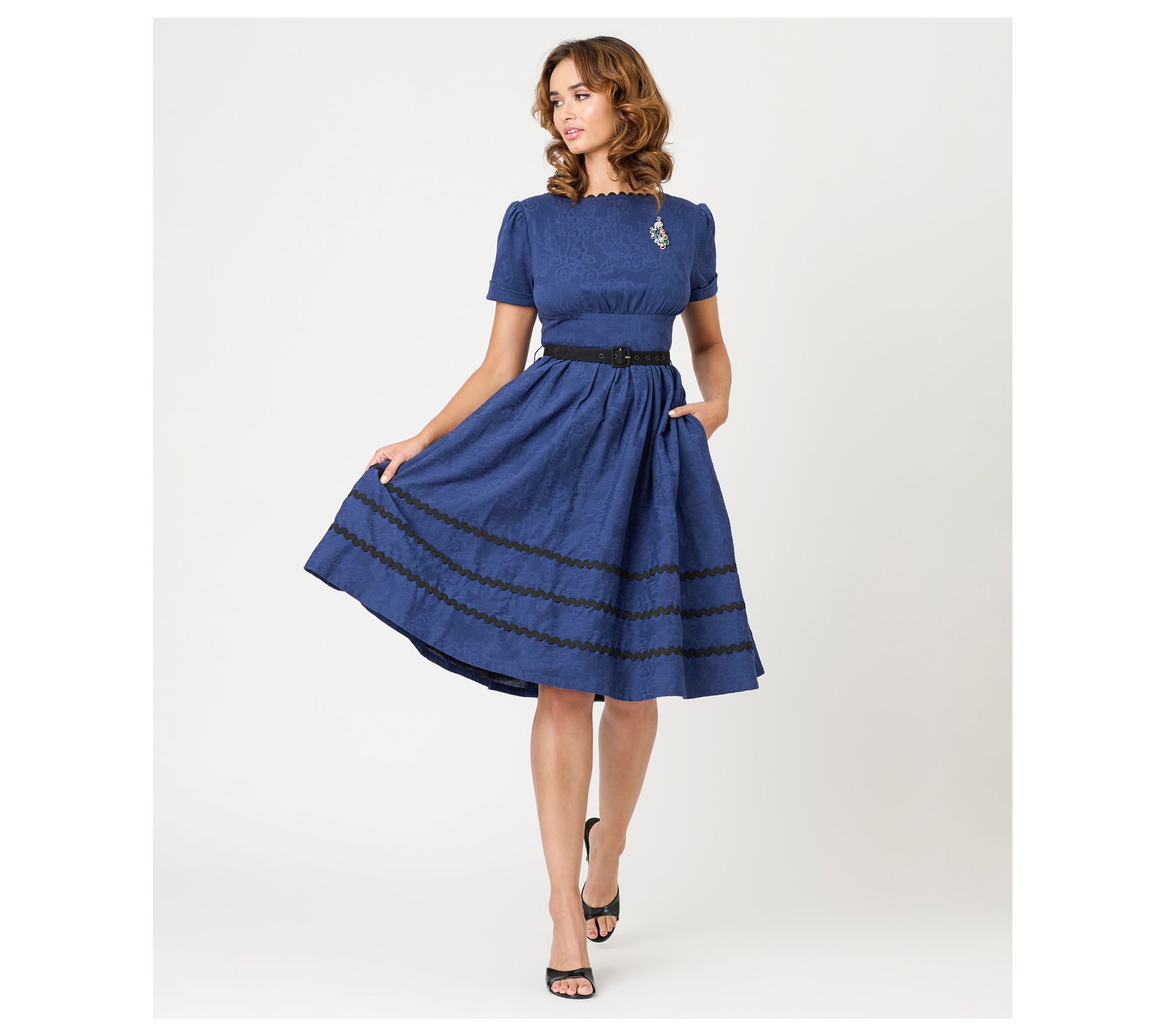 Unique Vintage Navy & Black Peacock Pin CottonSwing Dress