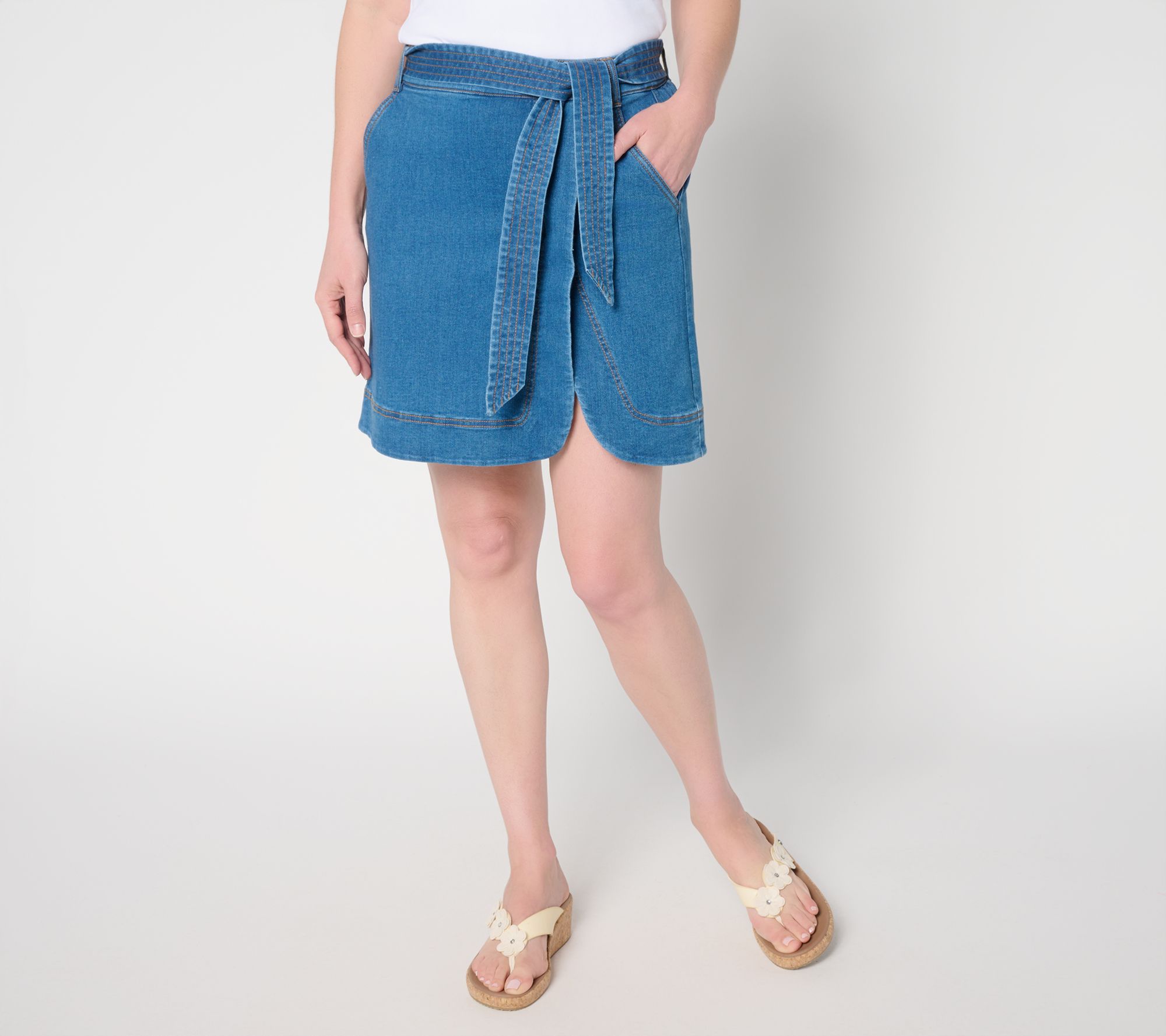 "As Is" Isaac Mizrahi Live! Petite True Denim Skort w/ Self Tie Belt