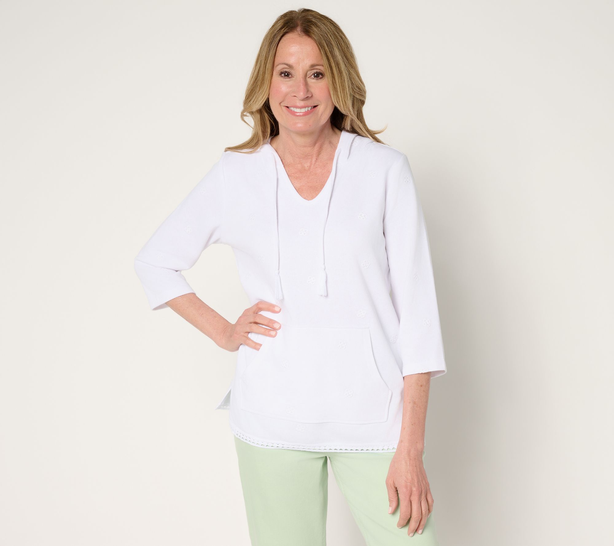 "As Is" Denim & Co. Beach 3/4 Sleeve Embroidered Pullover