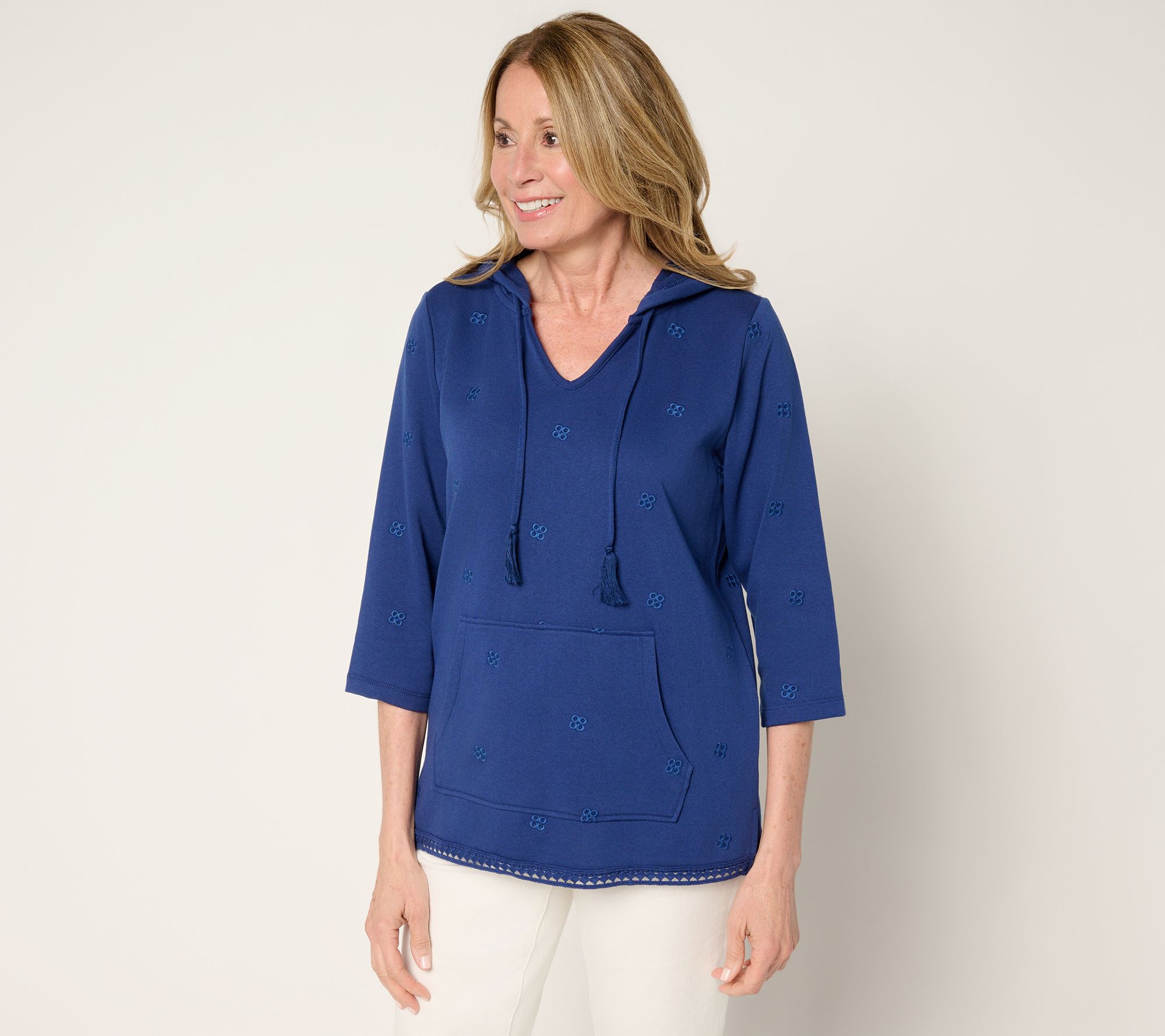 "As Is" Denim & Co. Beach 3/4 Sleeve Embroidered Pullover