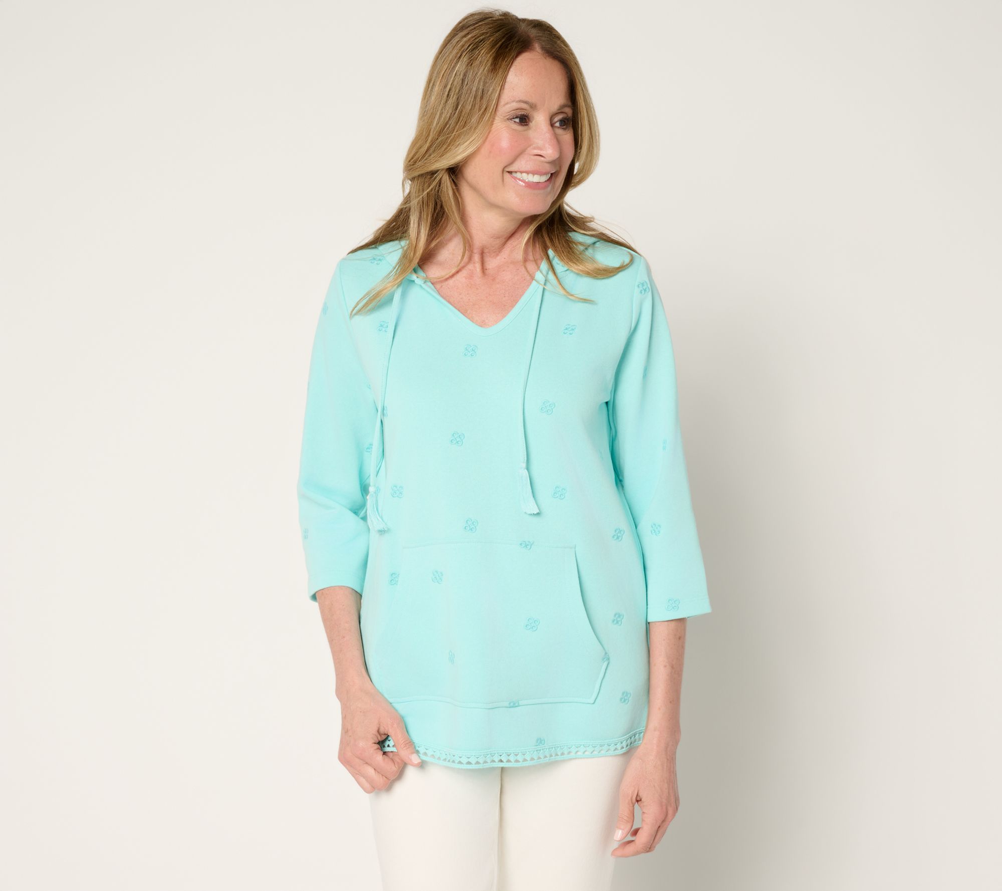 "As Is" Denim & Co. Beach 3/4 Sleeve Embroidered Pullover