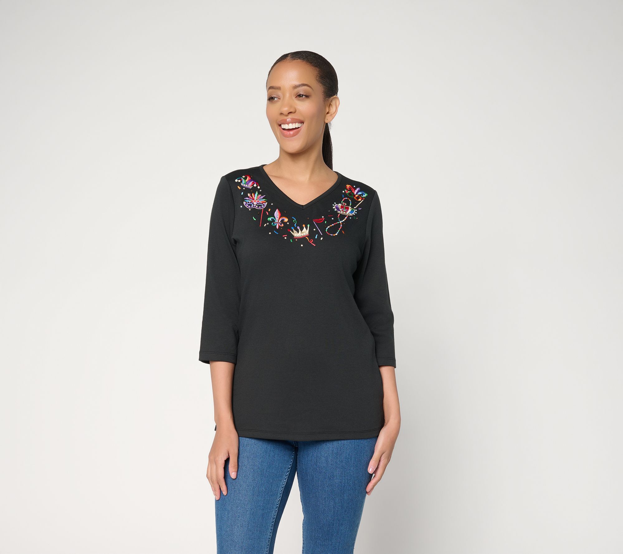 Quacker Factory Mardi Gras Sparkle V-Neck 3/4 Sleeve Top