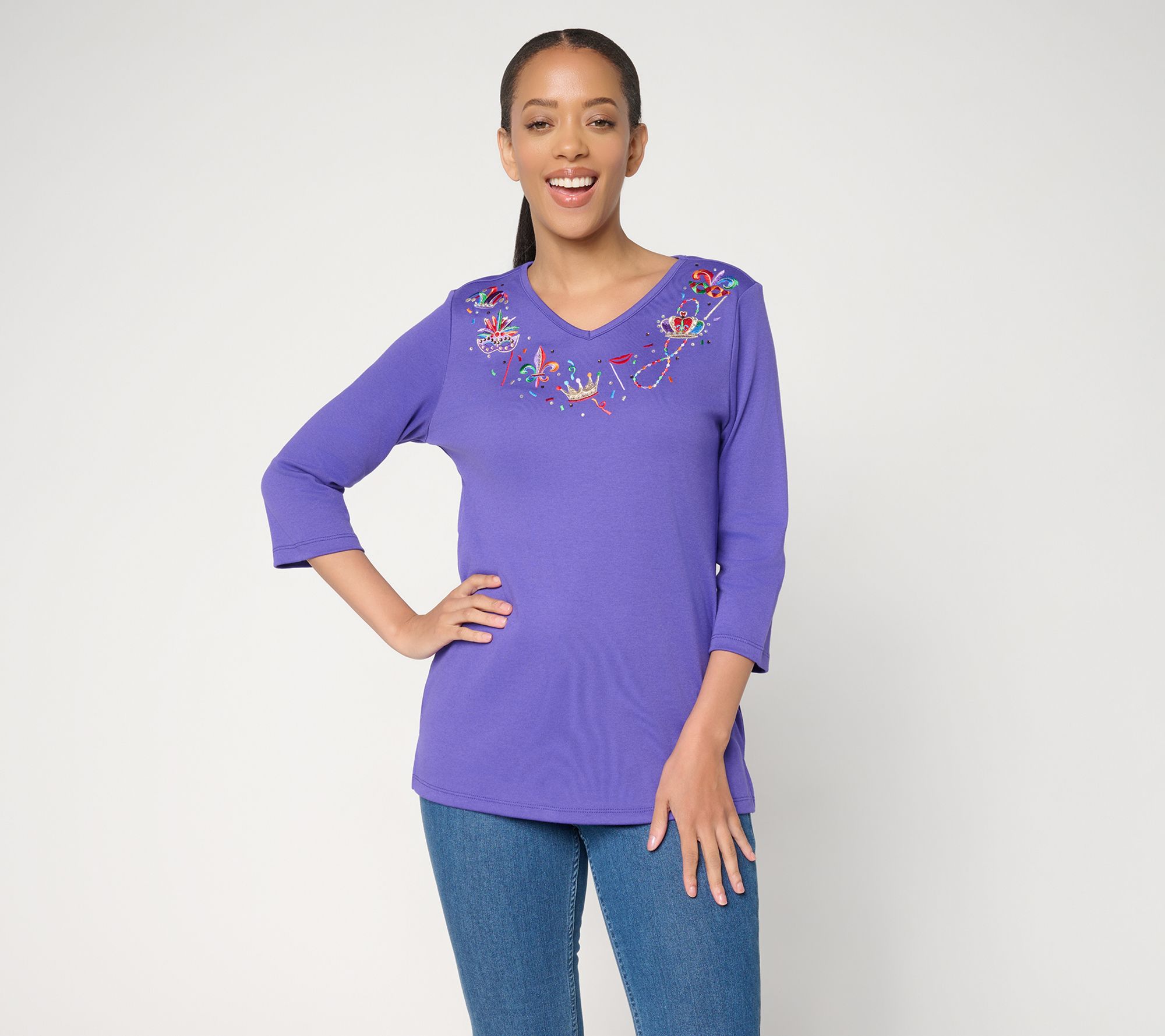 Quacker Factory Mardi Gras Sparkle V-Neck 3/4 Sleeve Top