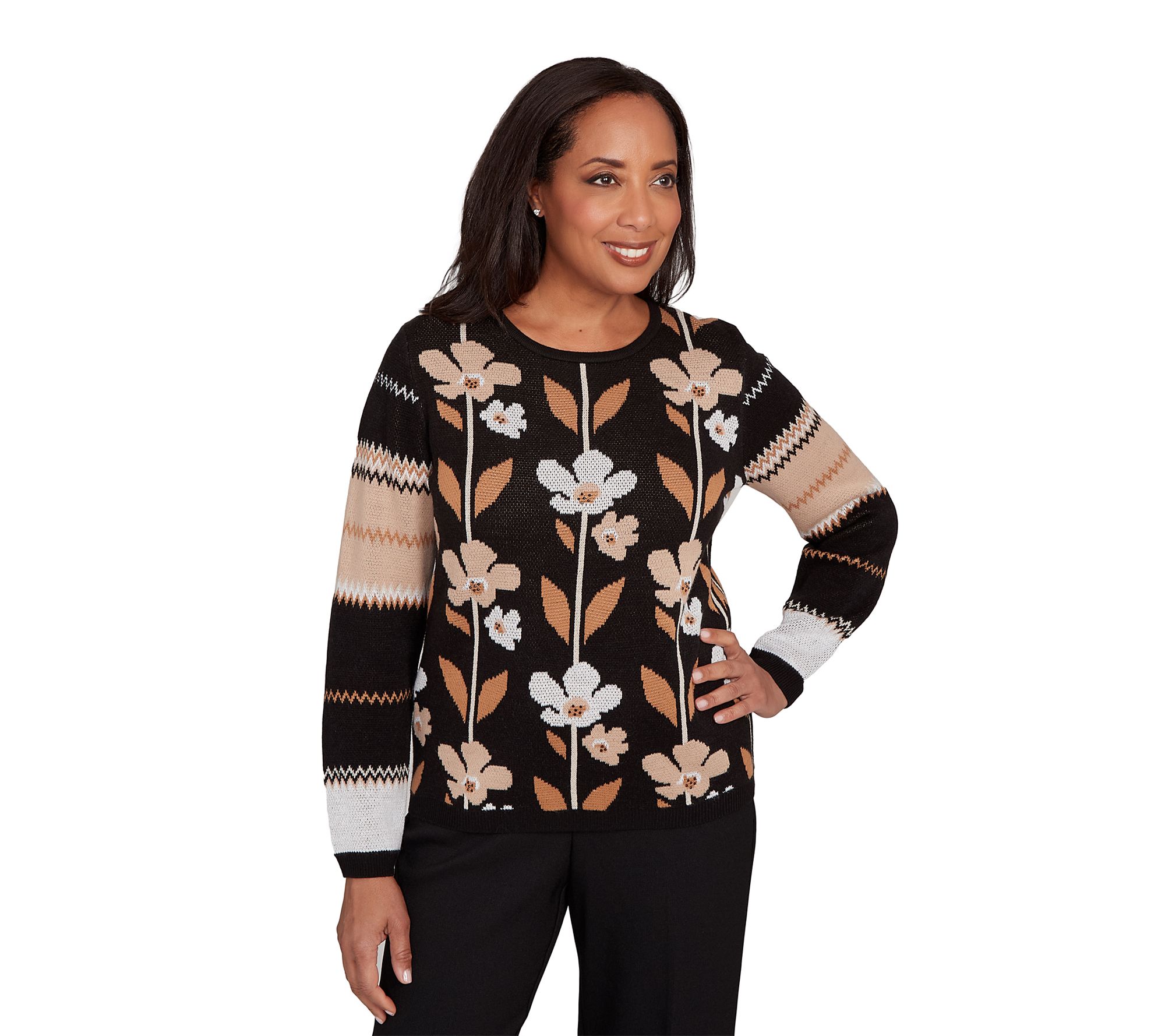 Alfred Dunner Petite Vertical Flower Zig Zag Sweater