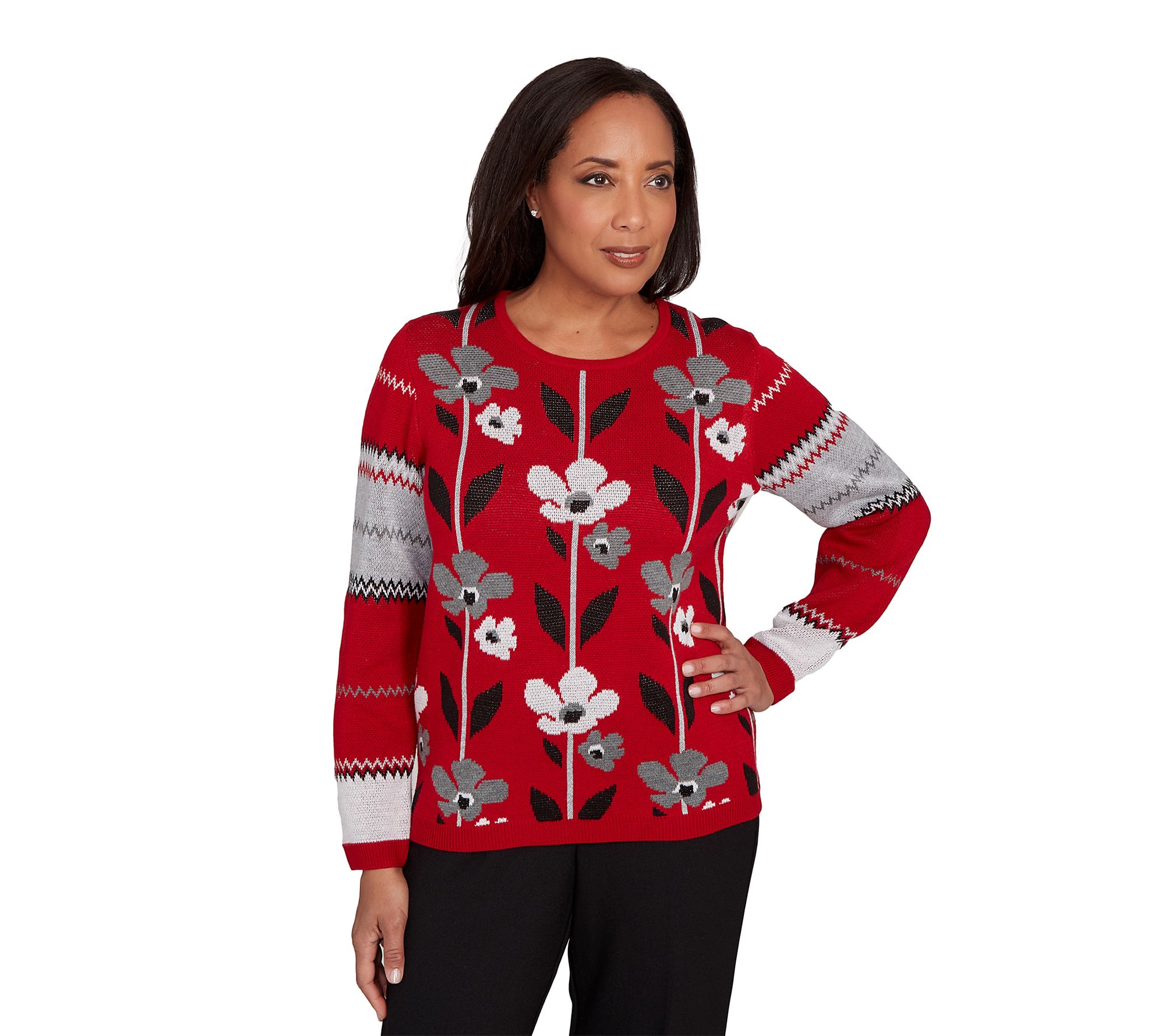 Alfred Dunner Petite Vertical Flower Zig Zag Sweater