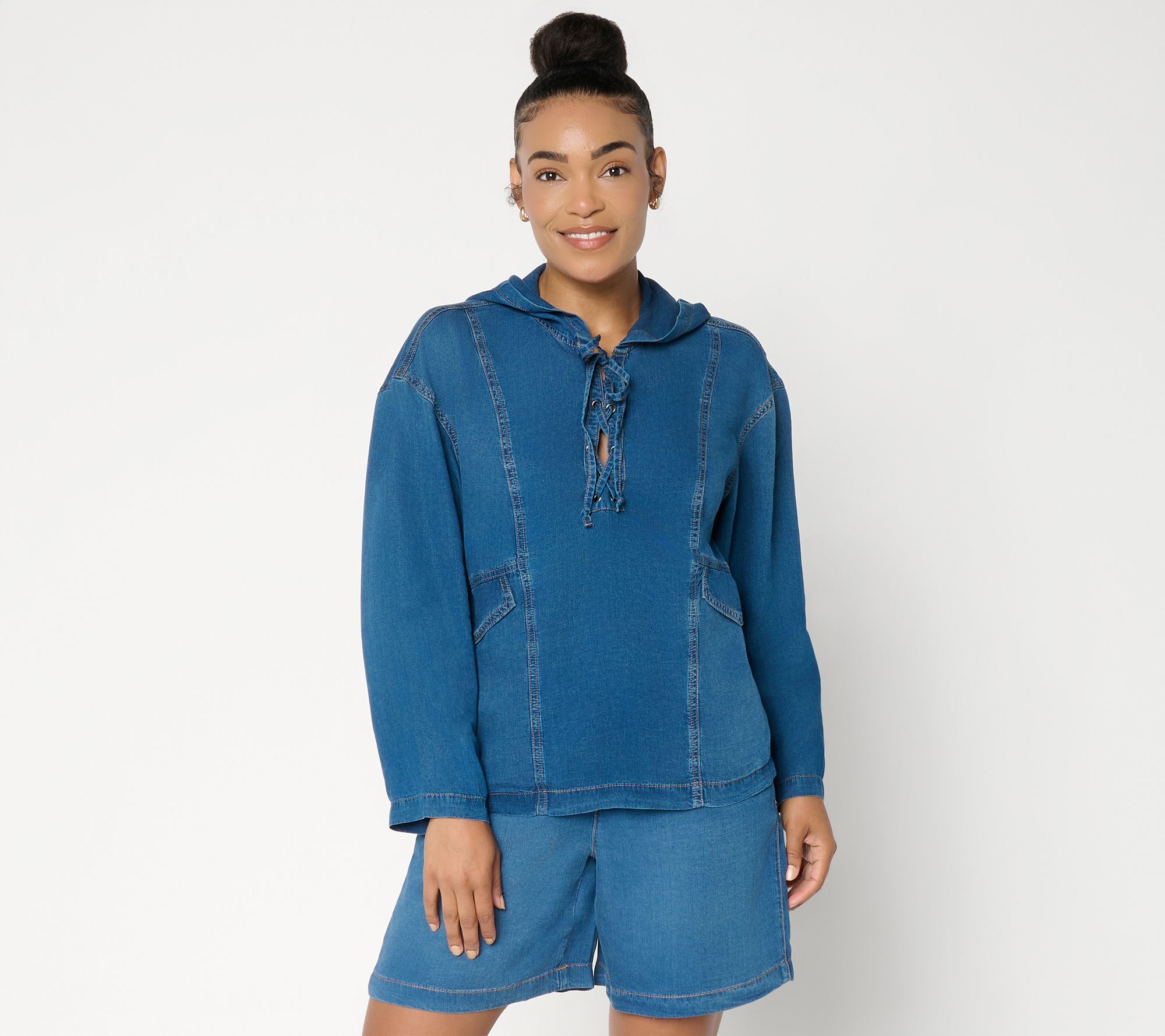 Peace Love World Denim Long Sleeve Lace Up Hoodie