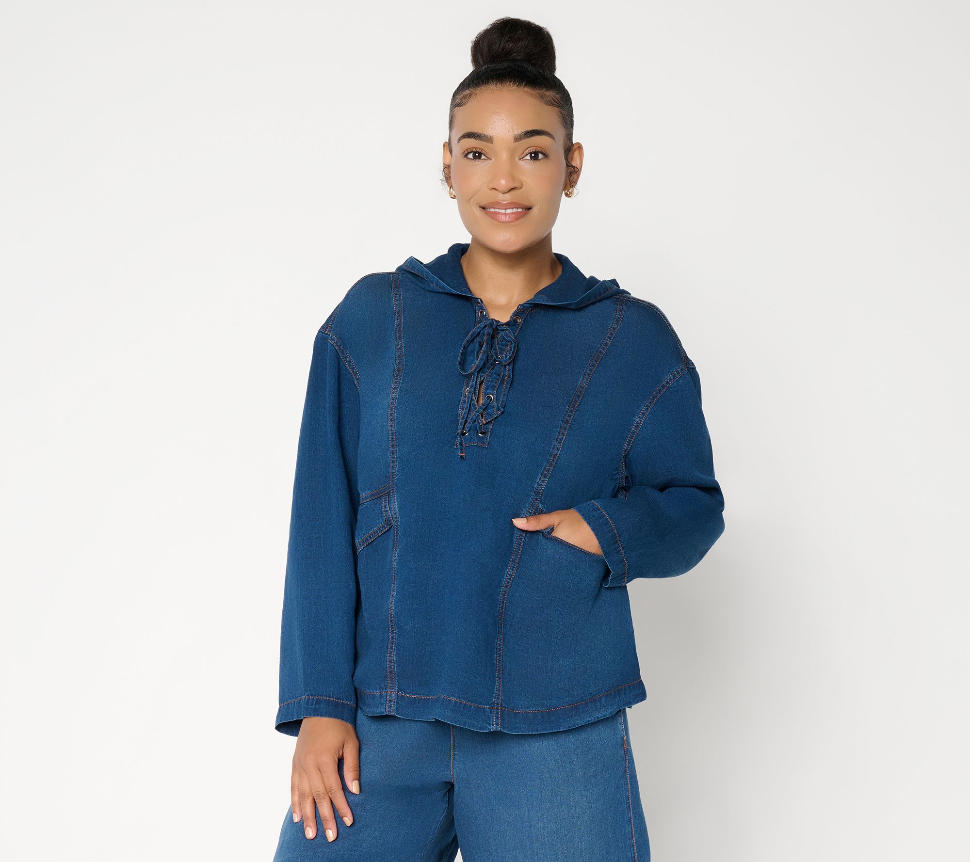 Peace Love World Denim Long Sleeve Lace Up Hoodie