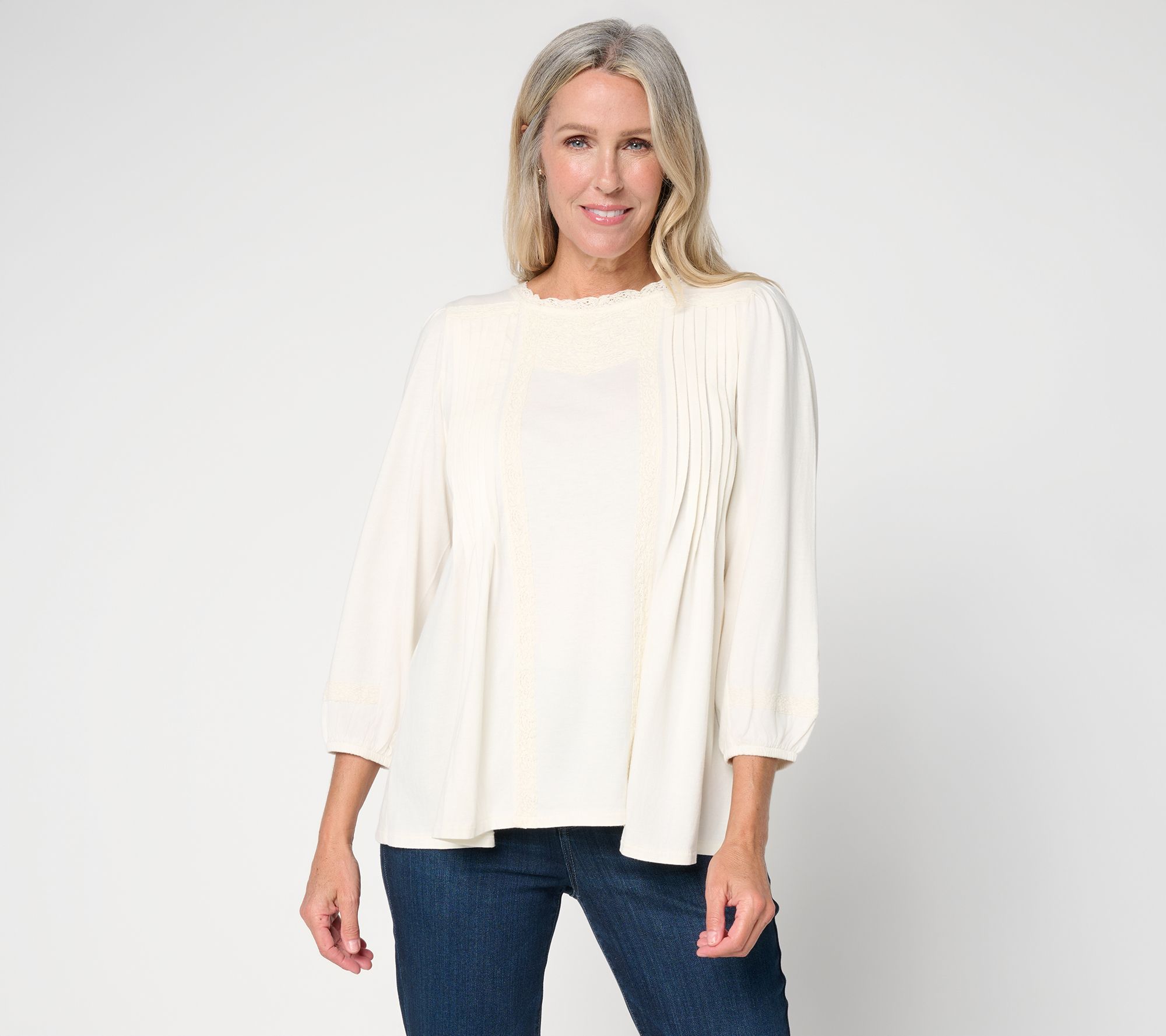 LOGO Lavish by Lori Goldstein 3/4 Sleeve Lace Knit Top