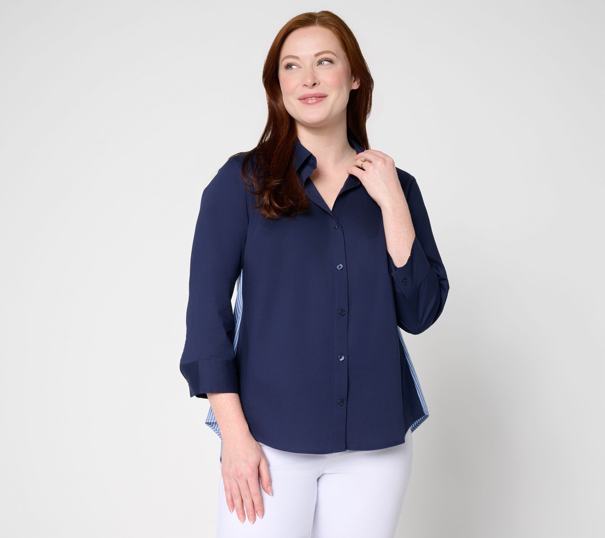 "As Is" Joan Rivers Peek-A- Boo Stripe or Solid Button Front Shirt