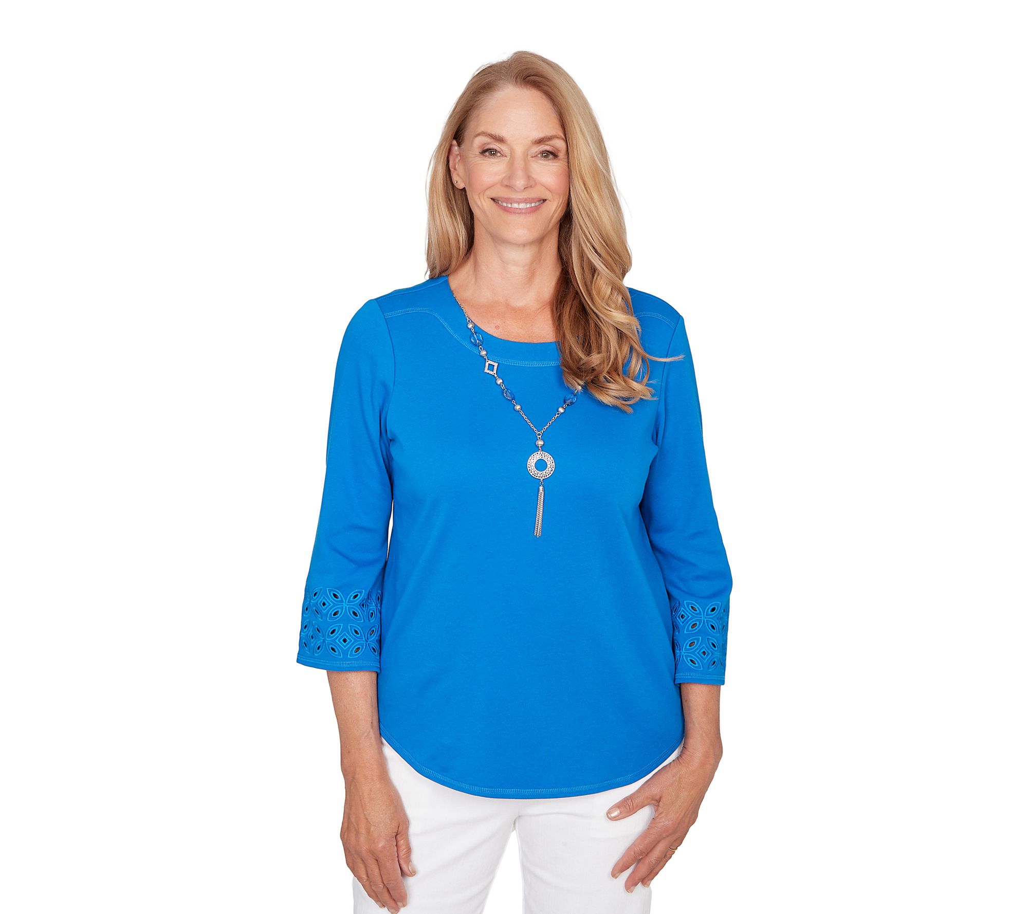 Alfred Dunner Petite Eyelet Sleeve Top with Necklace