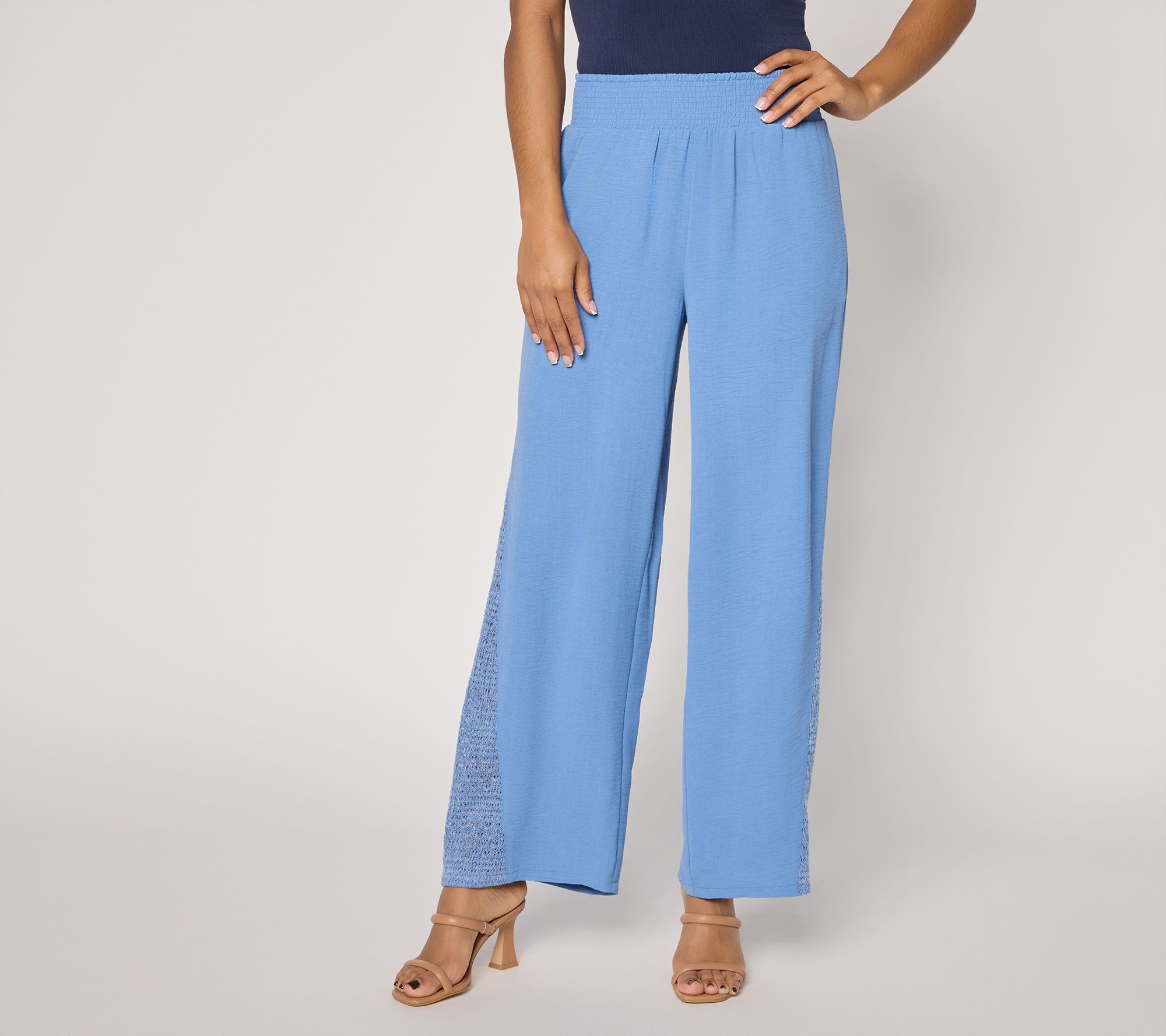 "As Is" Susan Graver Weekend Petite Stretch Woven Wide Leg Pants with Lace