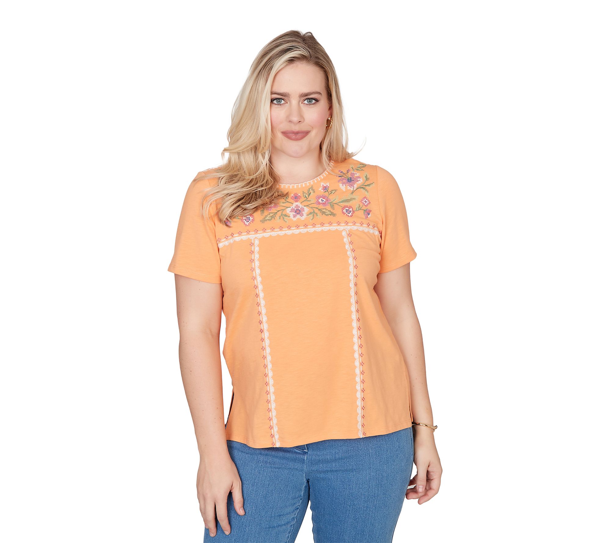 Alfred Dunner Petite Embroidered Floral Neck Short Sleeve Tee