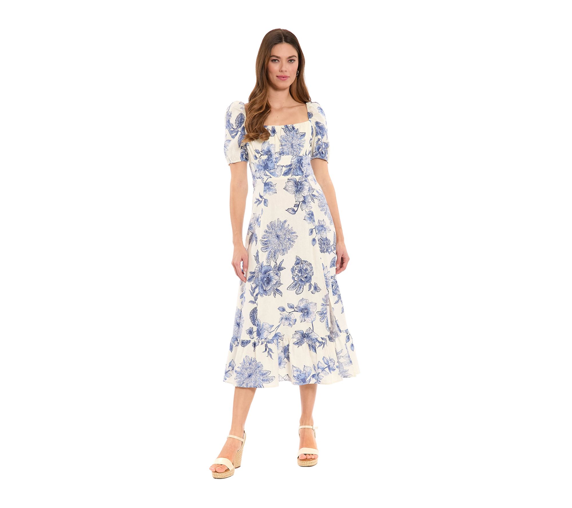 London Times Puff Sleeve Ruched Empire SmockedBack Midi Dress