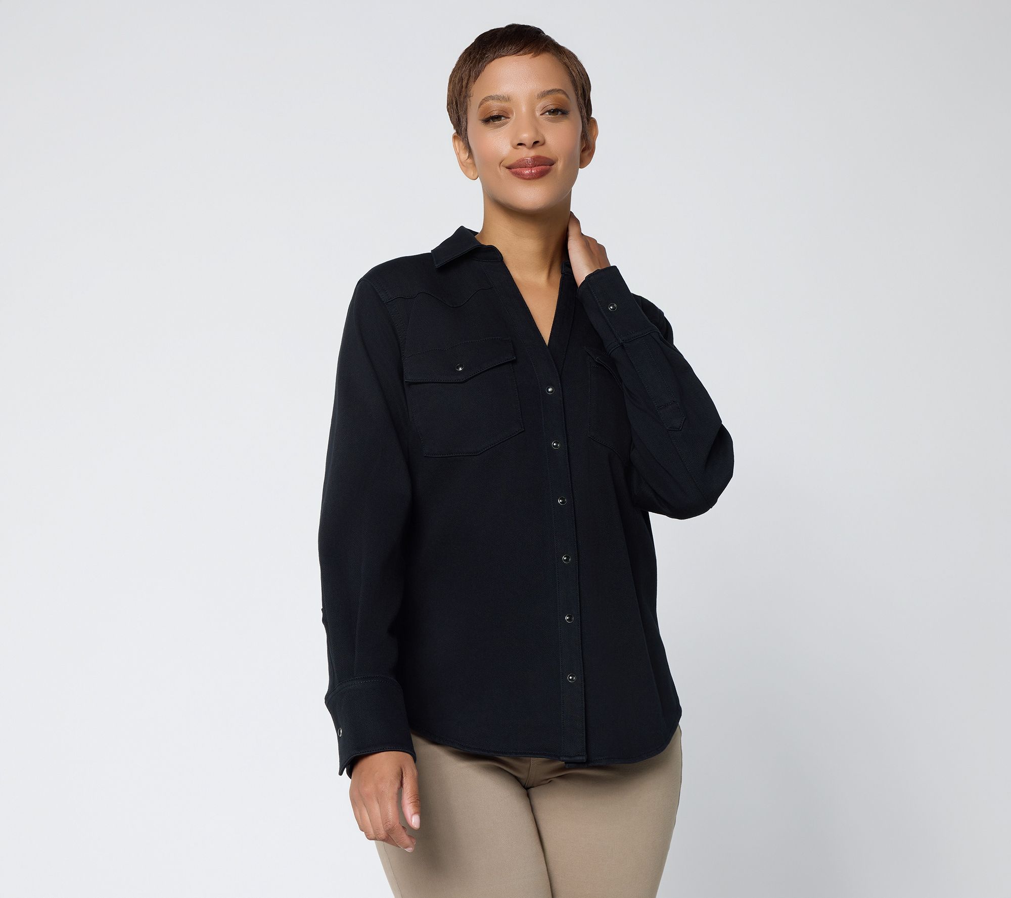 "As Is" Susan Graver Knit Denim Snap Front Y Neck Denim Shirt