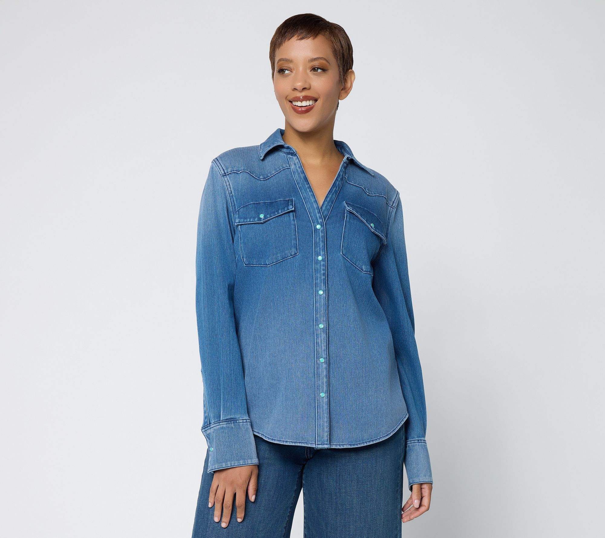 "As Is" Susan Graver Knit Denim Snap Front Y Neck Denim Shirt