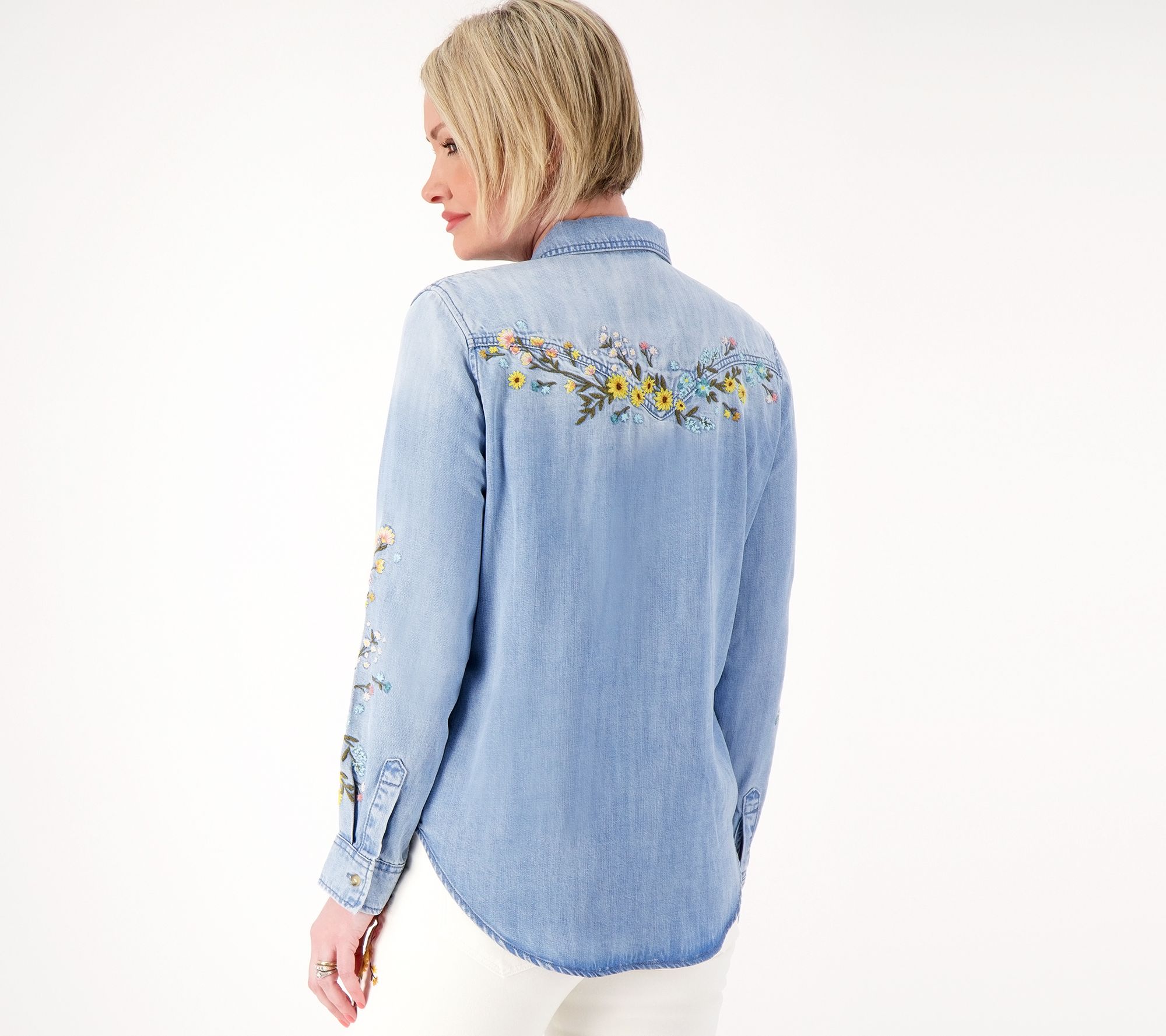Driftwood Jeans Lana Embroidered Denim Button Front Shirt - QVC.com