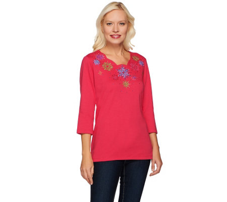 Quacker Factory Scalloped Snowflake Embroidered 3/4 Sleeve Top - Page 1 ...