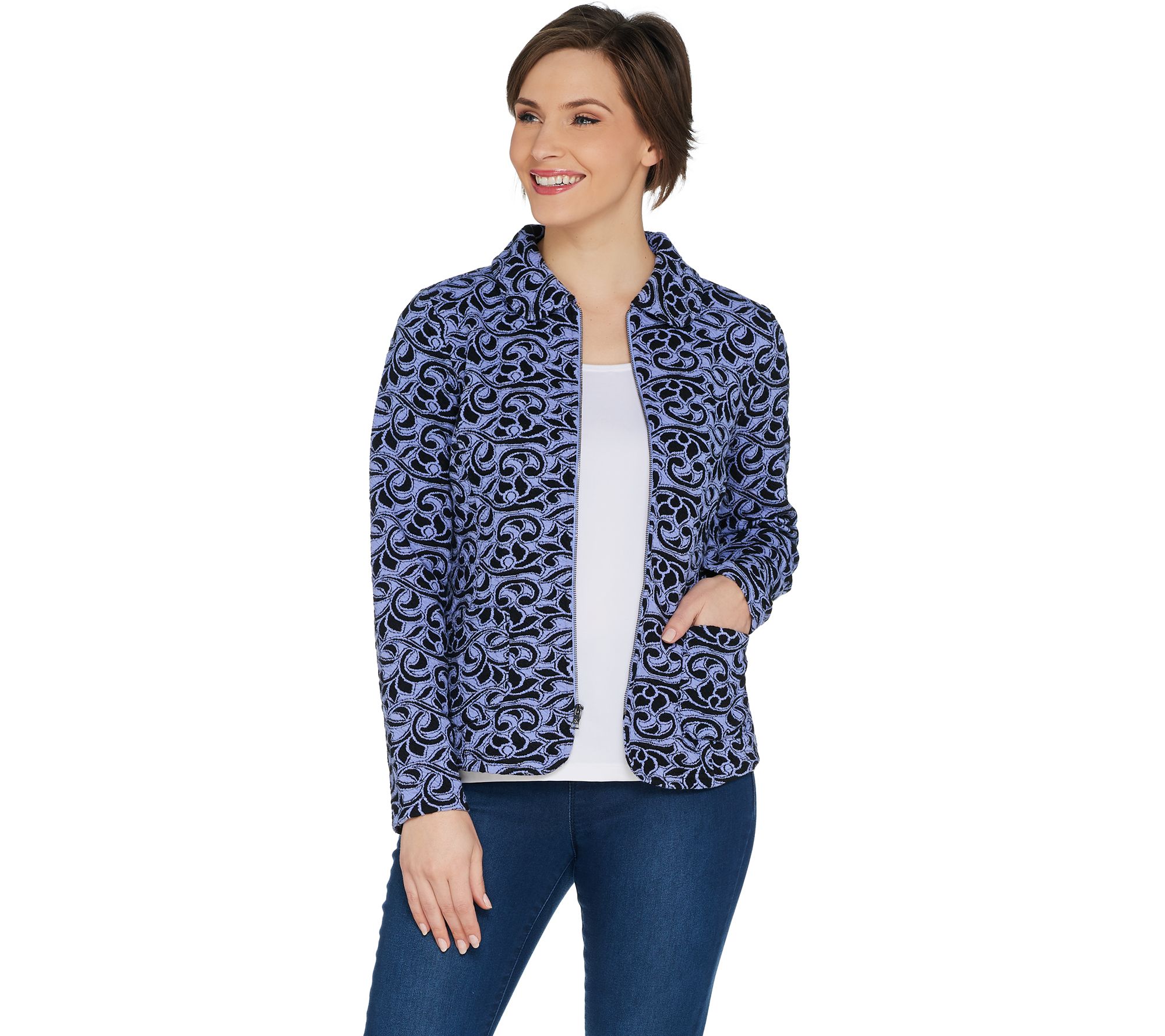 Isaac Mizrahi Live! Bi-Color Knit Jacquard Zip Front Jacket - QVC.com