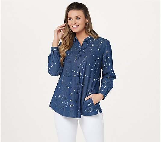 Joan Rivers Denim Shirt Floral Embroidery White L NEW A304734 