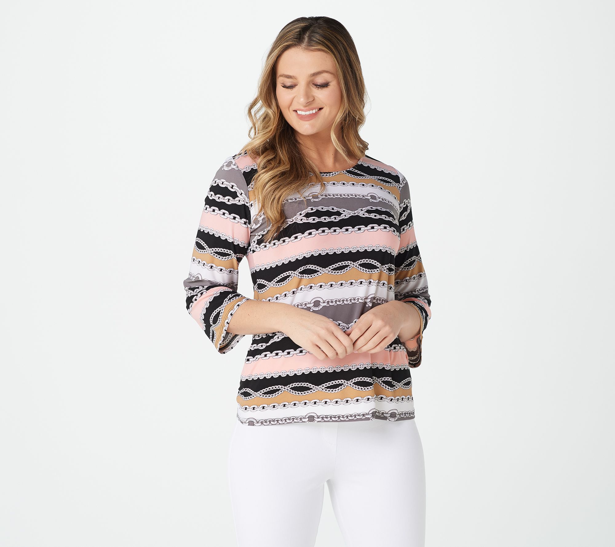 Bob Mackie Printed Chain and Stripe Knit Pullover Top - QVC.com