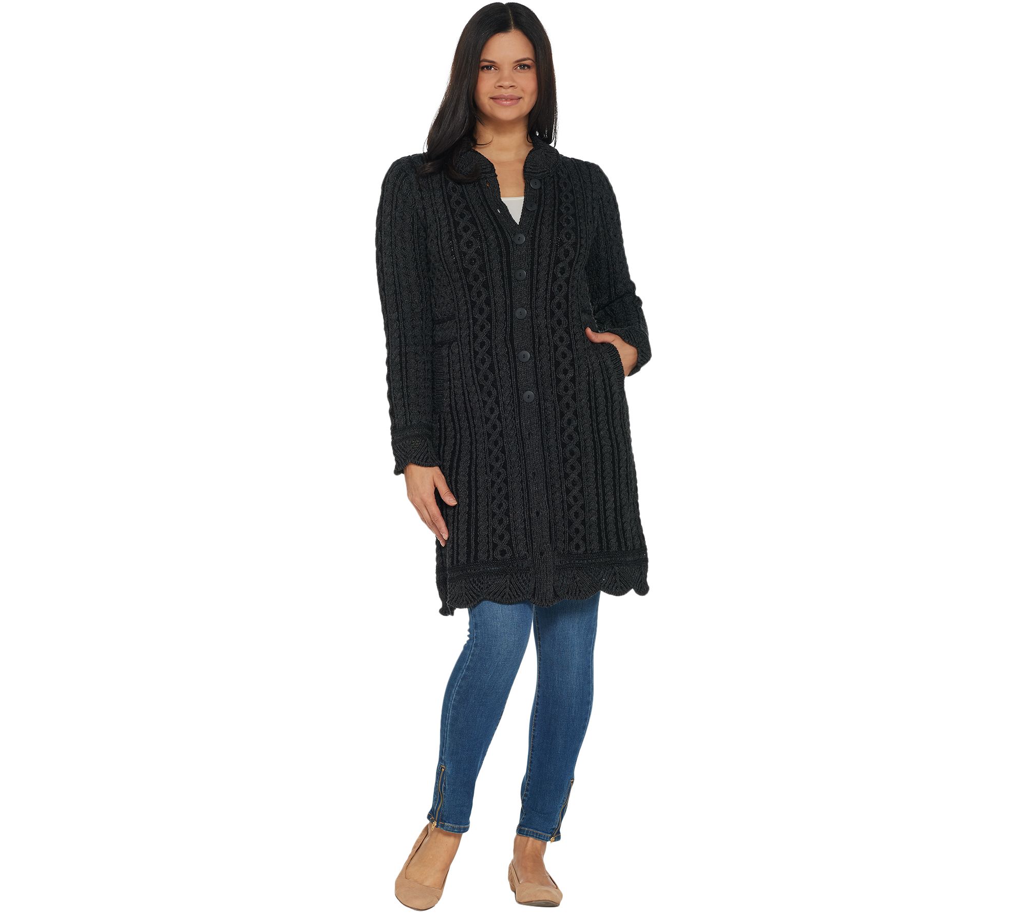 "As Is" Aran Crafts Merino Wool Long Button Front Cardigan